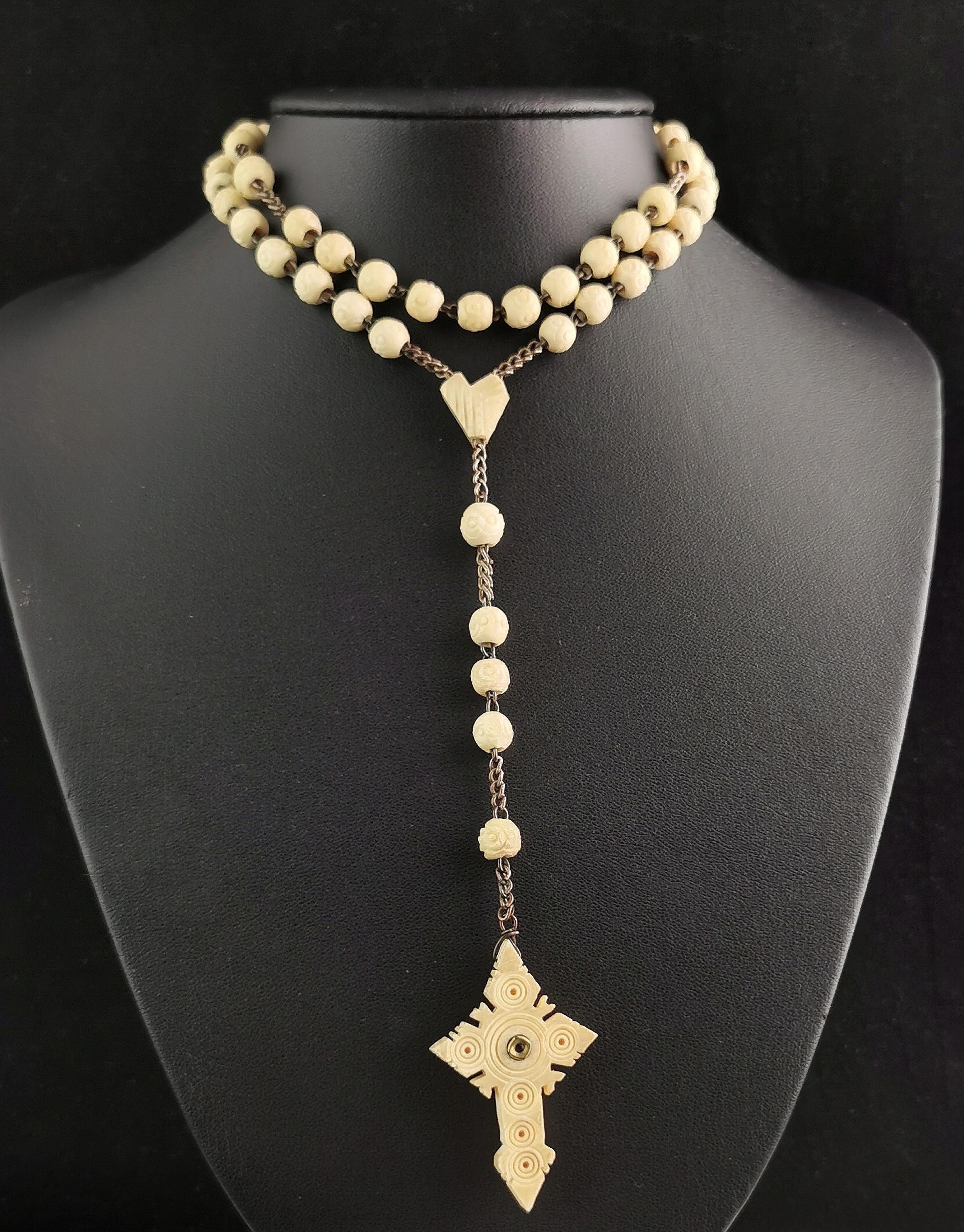 Antique French carved bone rosary bead necklace, Cross pendant, Stanhope  4