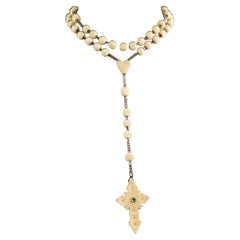 Antique French carved bone rosary bead necklace, Cross pendant, Stanhope