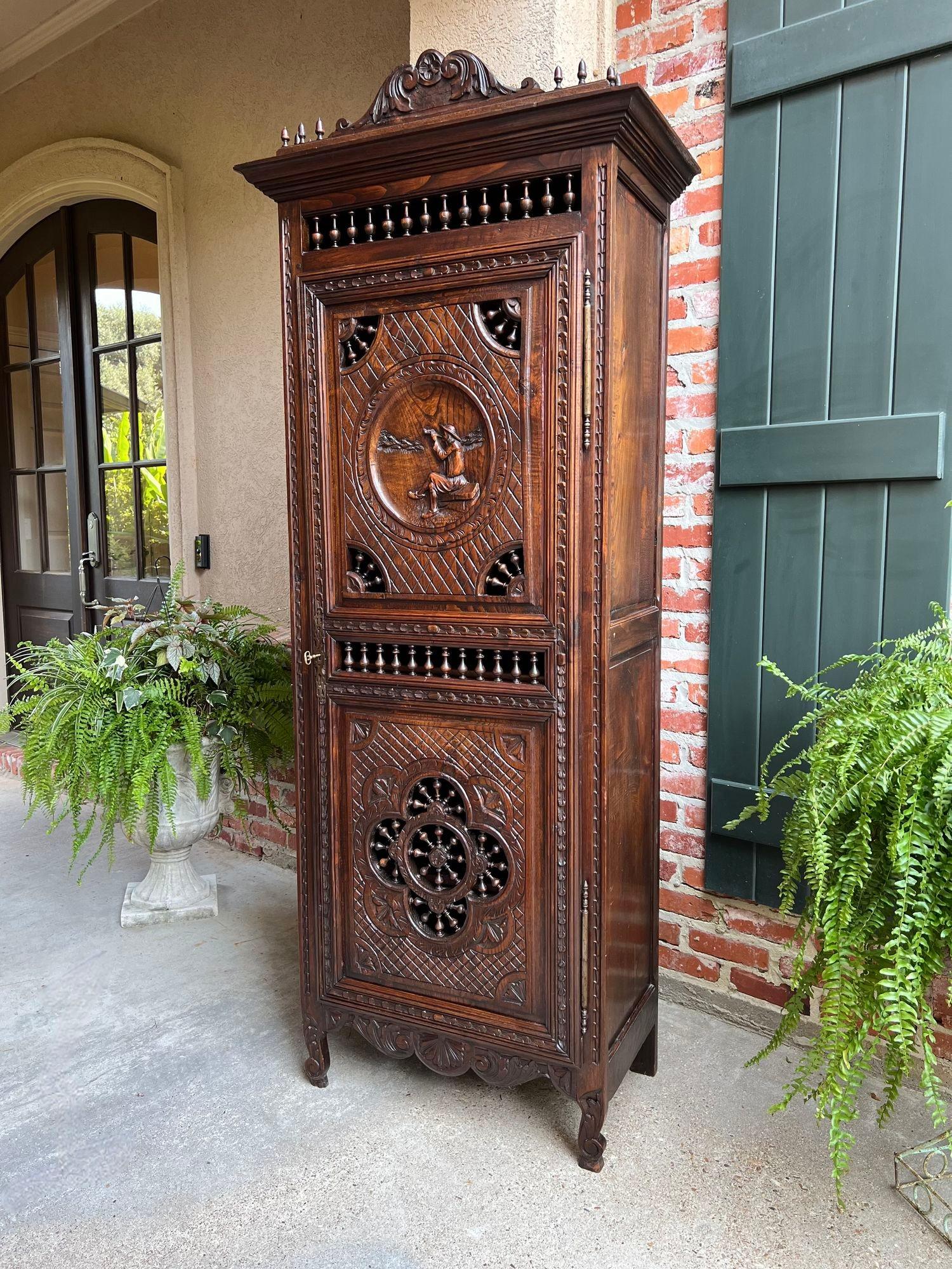 Antique French Carved Bonnetiere Armoire Cabinet Brittany Breton Ship Spindle 6