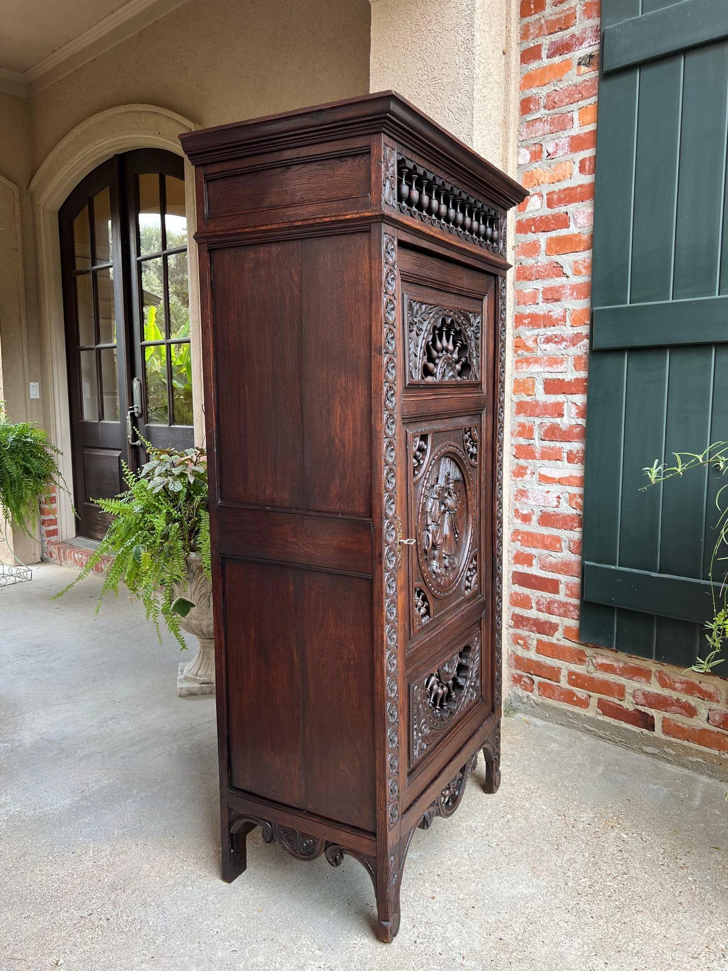 French Provincial Antique French Carved Bonnetiere Armoire Cabinet Brittany Breton Ship Spindle