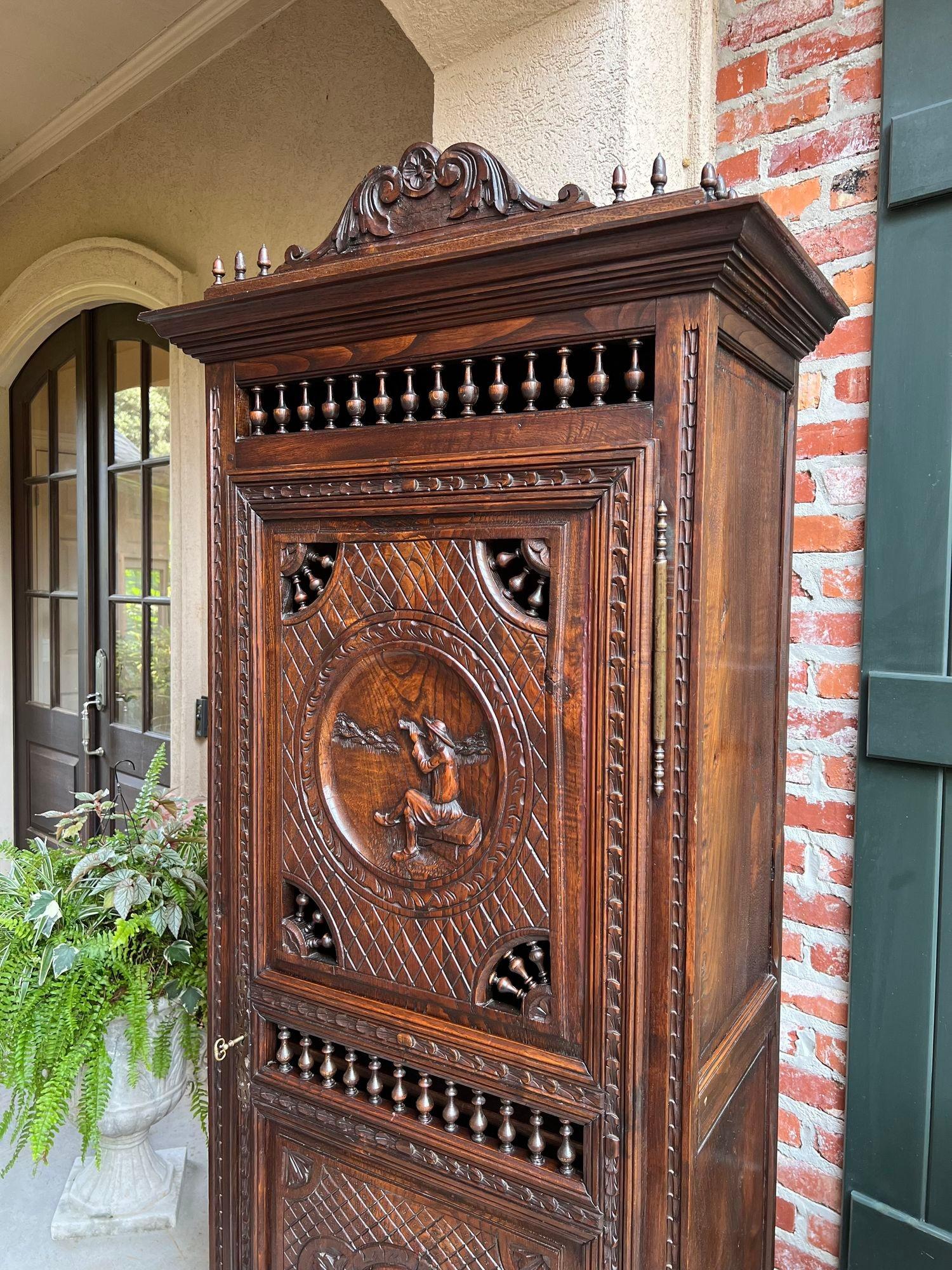 Hand-Carved Antique French Carved Bonnetiere Armoire Cabinet Brittany Breton Ship Spindle