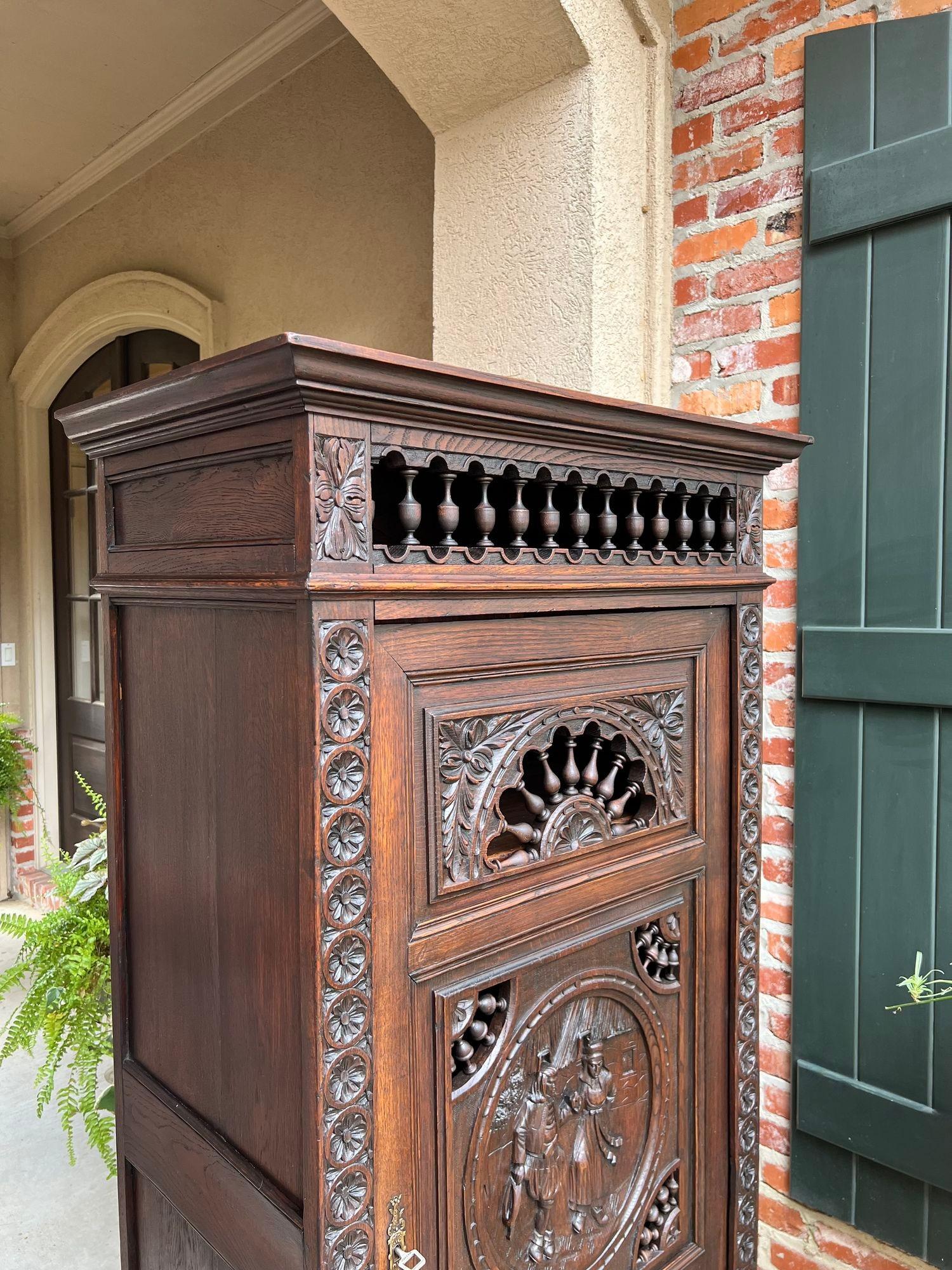 Hand-Carved Antique French Carved Bonnetiere Armoire Cabinet Brittany Breton Ship Spindle