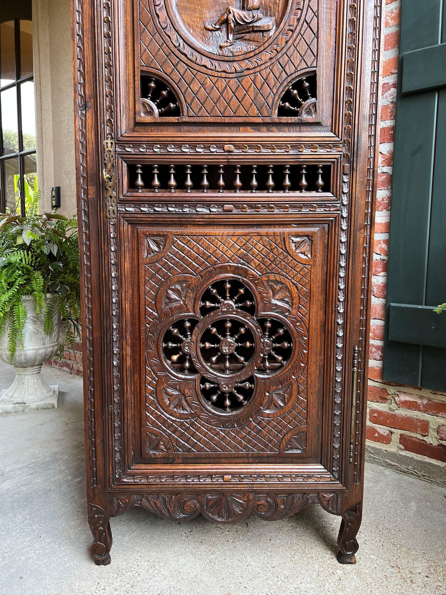 19th Century Antique French Carved Bonnetiere Armoire Cabinet Brittany Breton Ship Spindle