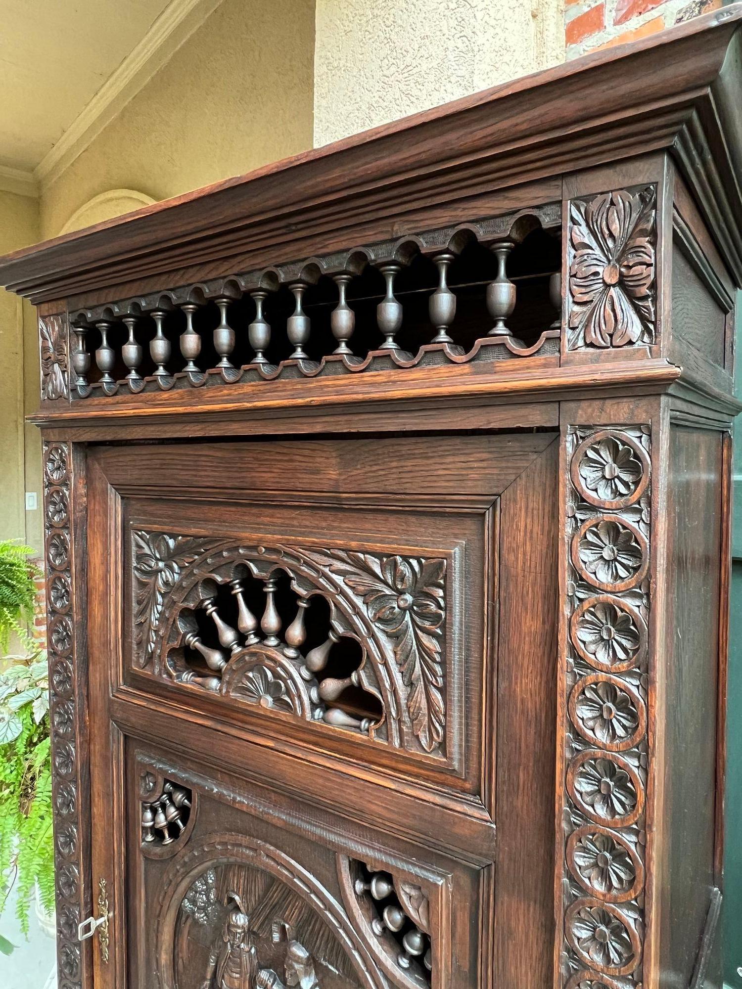 Late 19th Century Antique French Carved Bonnetiere Armoire Cabinet Brittany Breton Ship Spindle