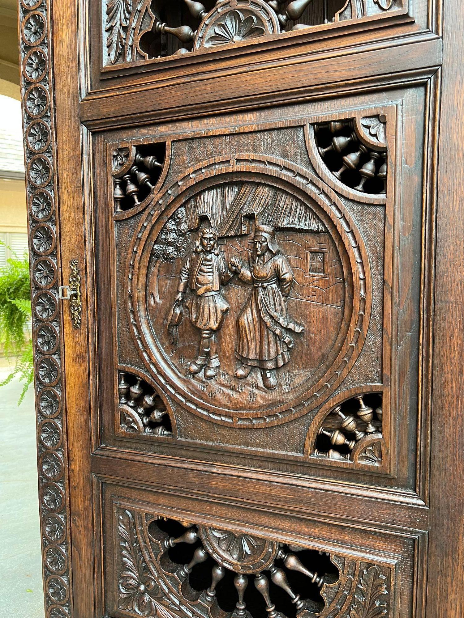 Antique French Carved Bonnetiere Armoire Cabinet Brittany Breton Ship Spindle 1