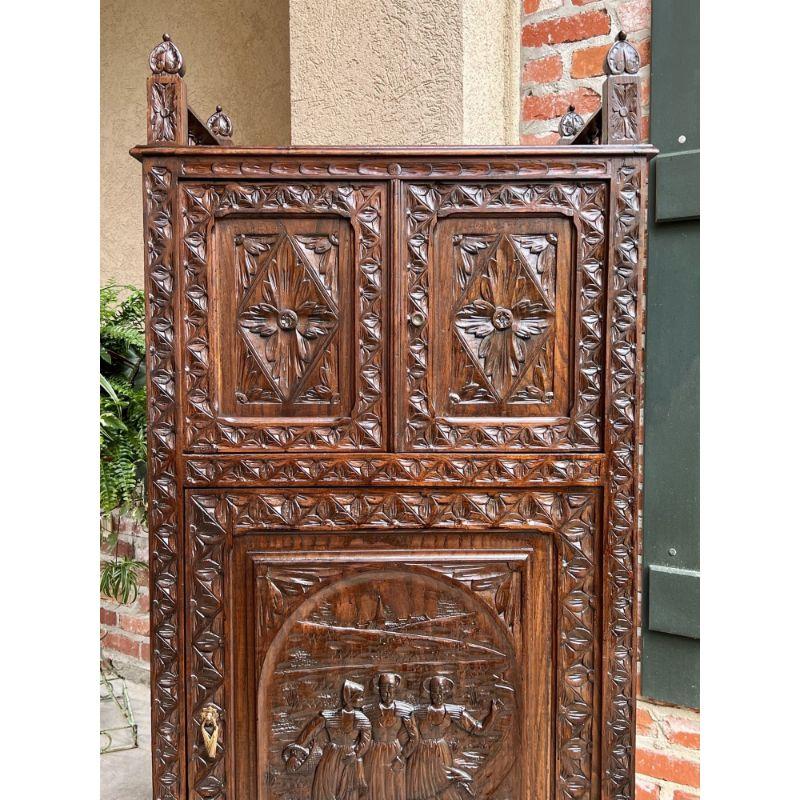 Antique French Carved Chestnut Cabinet Bonnetiere Armoire Breton Brittany For Sale 8
