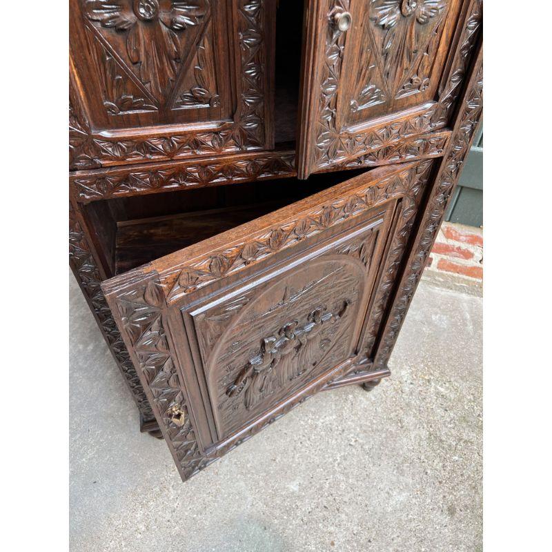 Antique French Carved Chestnut Cabinet Bonnetiere Armoire Breton Brittany For Sale 11