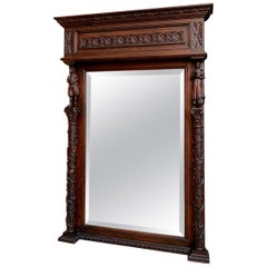 Antique French Carved Chestnut Pier Mantel Mirror Breton Brittany Frame Beveled