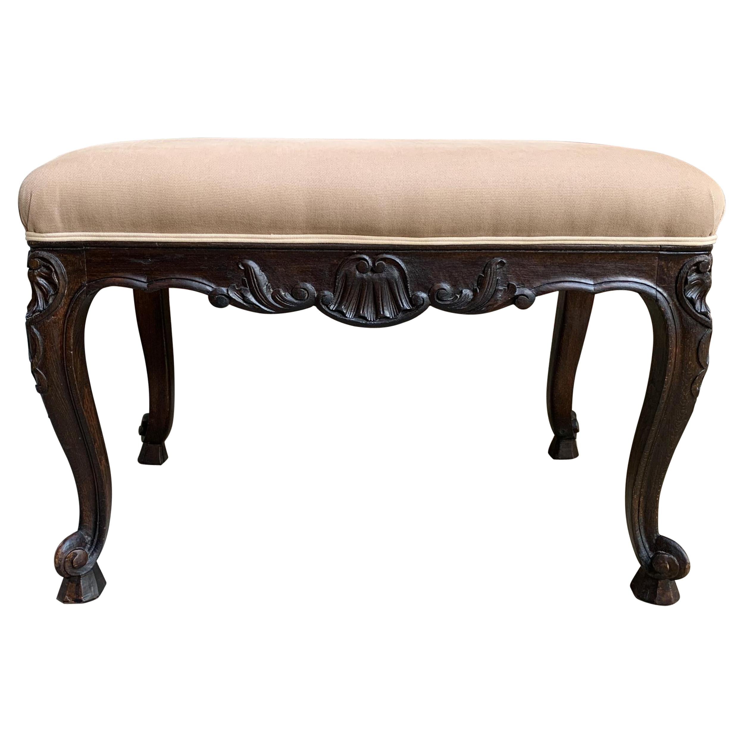 Antique French Carved Dark Oak Bench Stool Ottoman Louis XV style For Sale