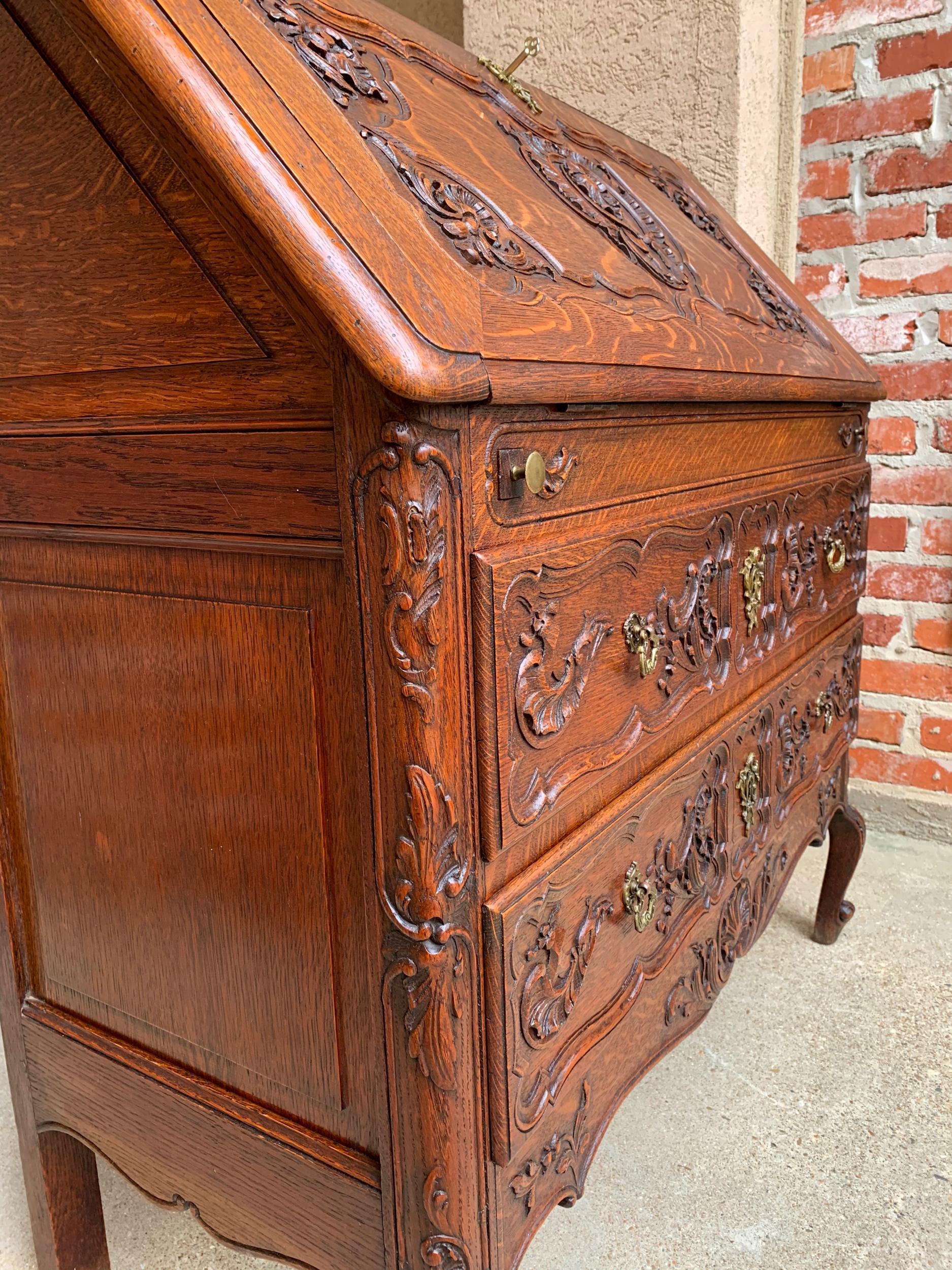 Antique French Carved Tiger Oak Secretary Desk Bureau Drop Front Louis XV Style 4