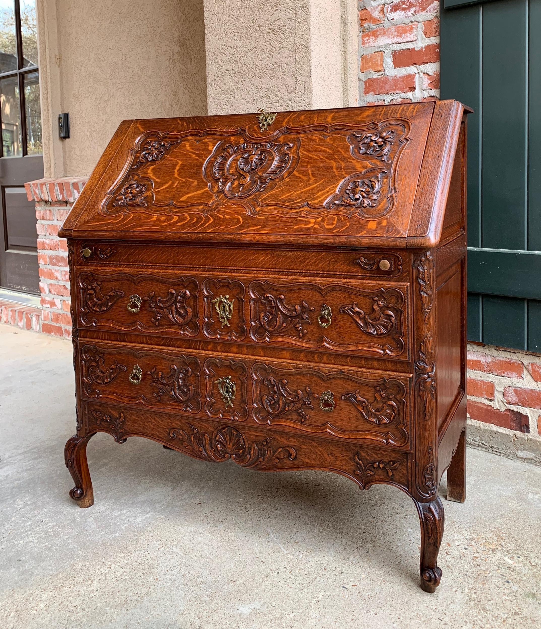 Antique French Carved Tiger Oak Secretary Desk Bureau Drop Front Louis XV Style 7