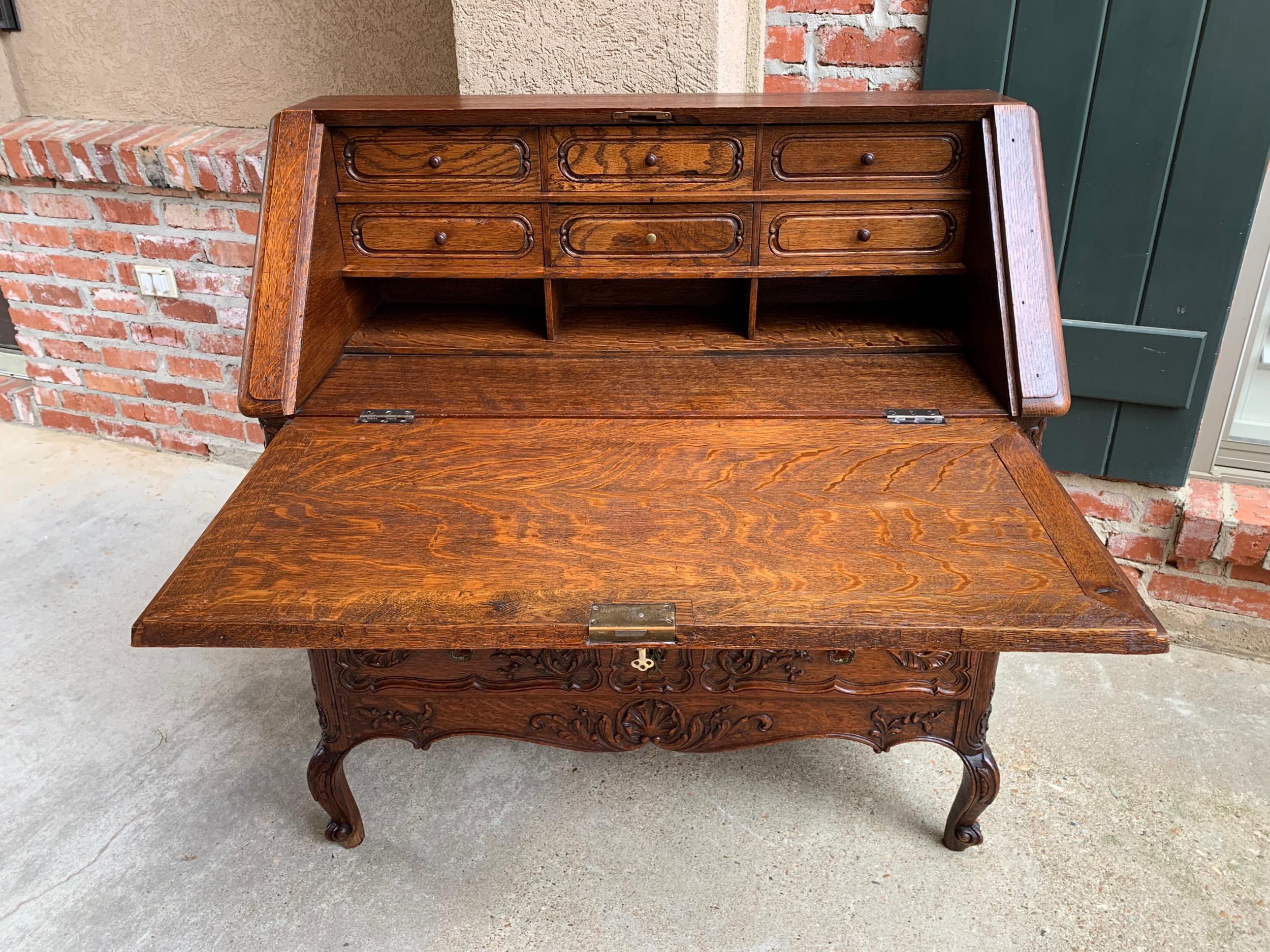 Antique French Carved Tiger Oak Secretary Desk Bureau Drop Front Louis XV Style 7