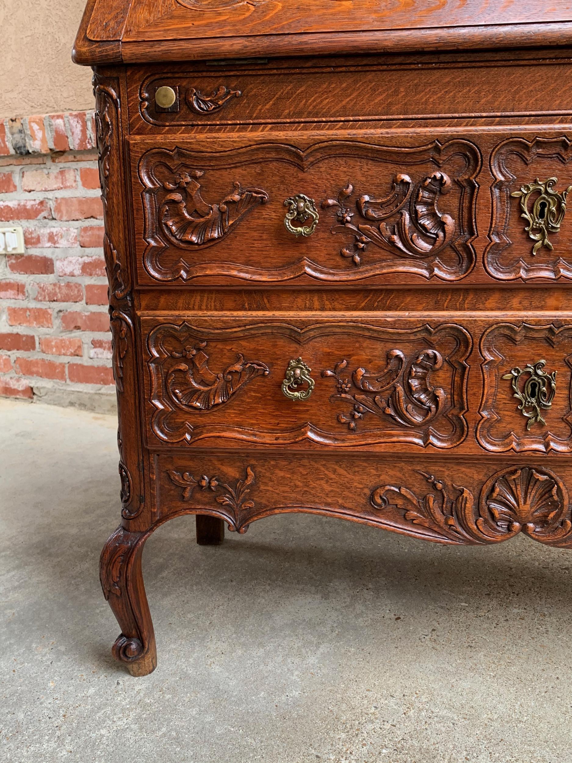 Antique French Carved Tiger Oak Secretary Desk Bureau Drop Front Louis XV Style 9