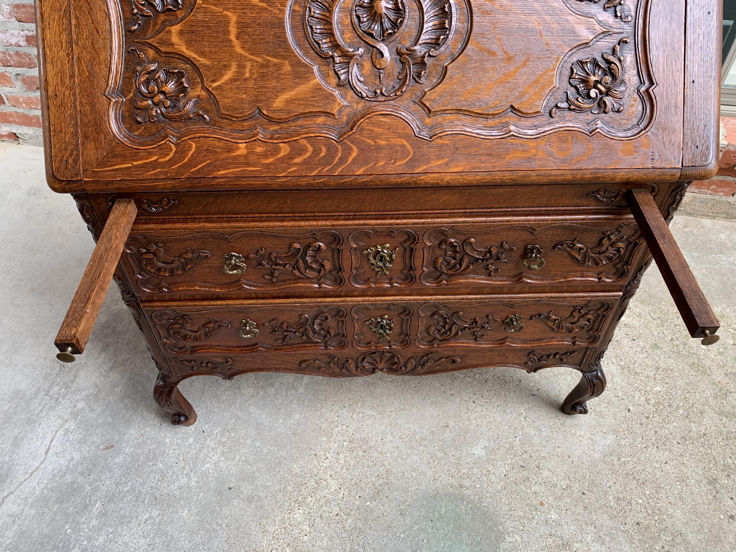 Antique French Carved Tiger Oak Secretary Desk Bureau Drop Front Louis XV Style 13
