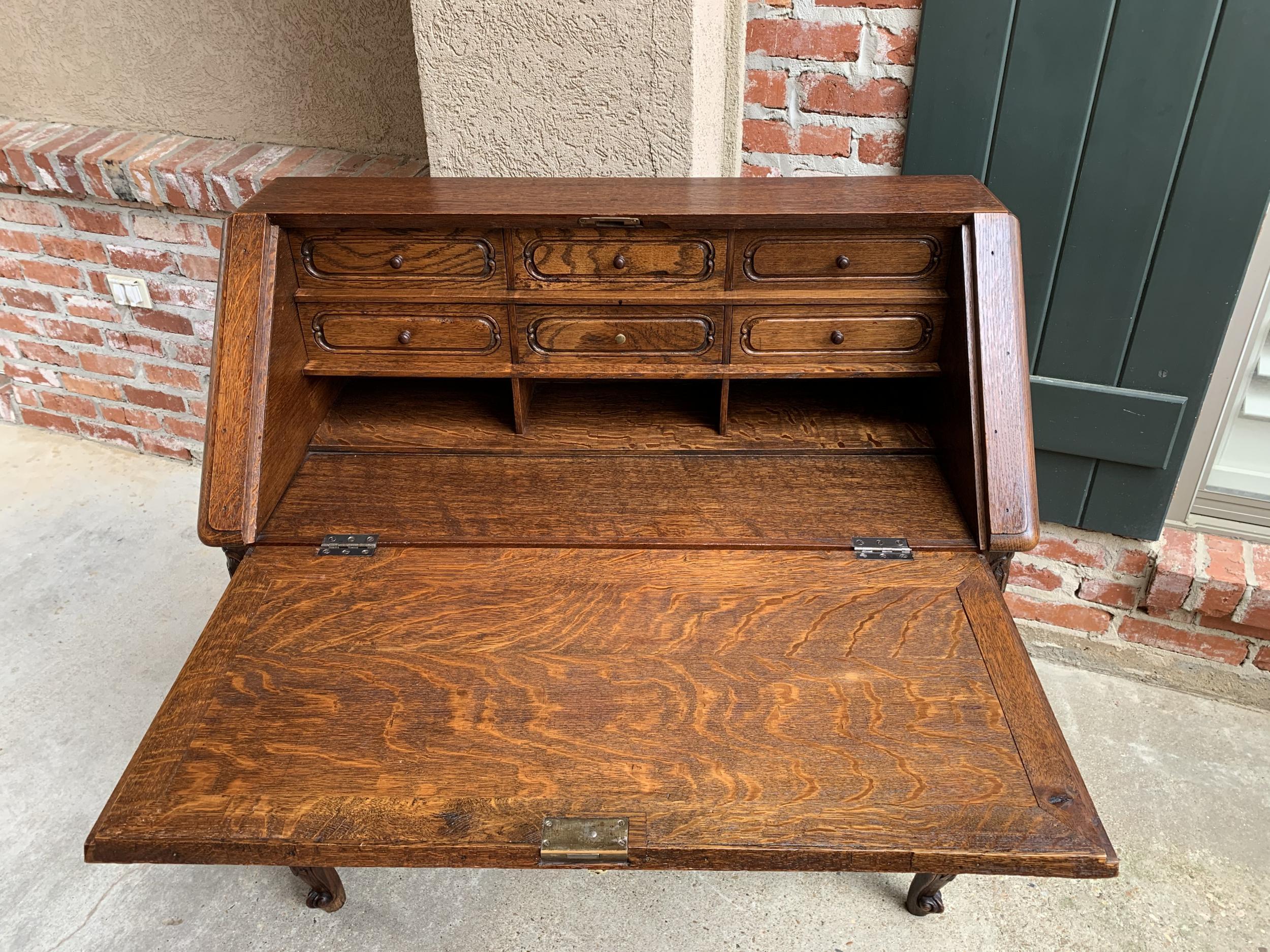 Antique French Carved Tiger Oak Secretary Desk Bureau Drop Front Louis XV Style In Good Condition In Shreveport, LA