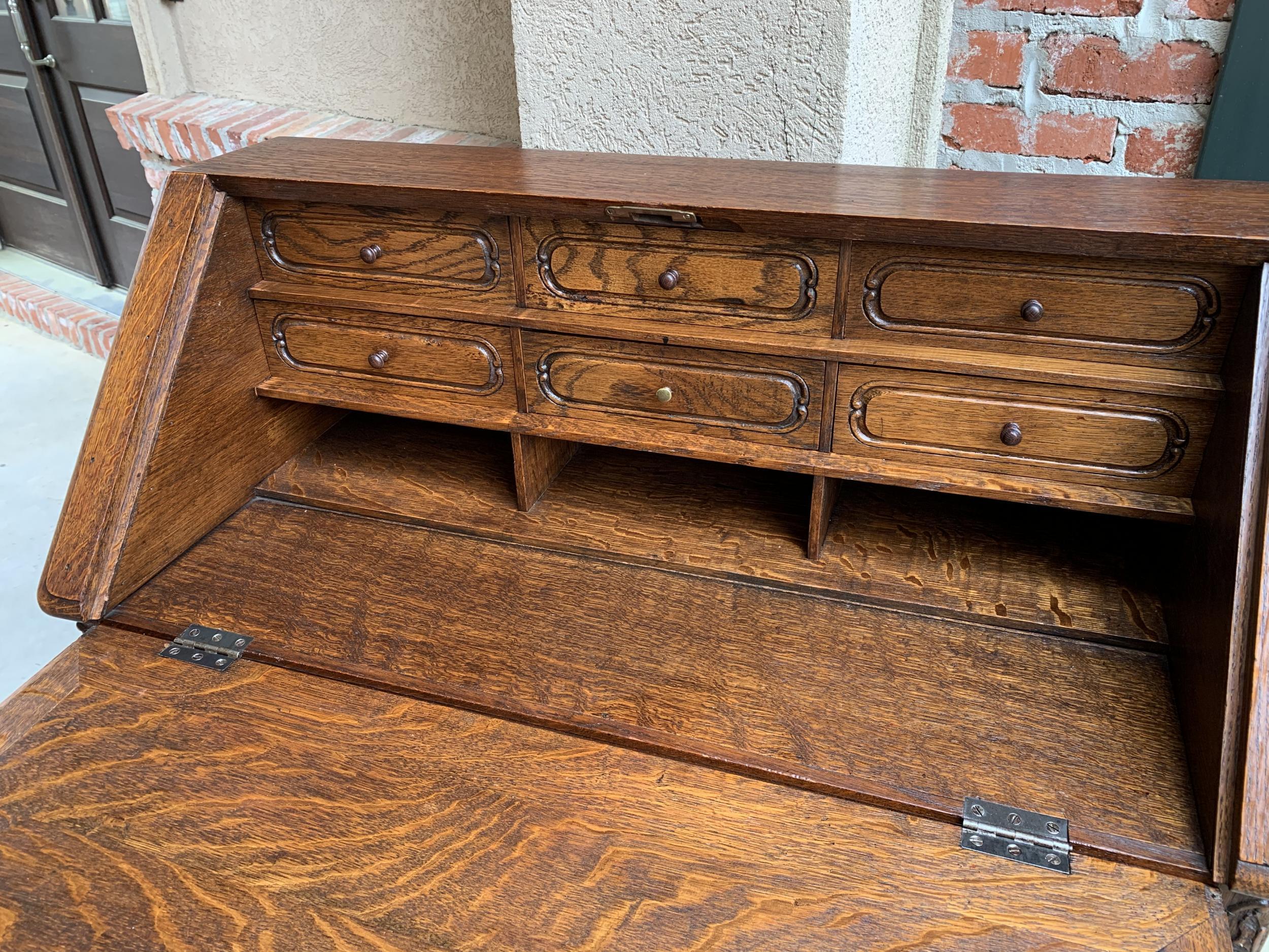 Early 20th Century Antique French Carved Tiger Oak Secretary Desk Bureau Drop Front Louis XV Style