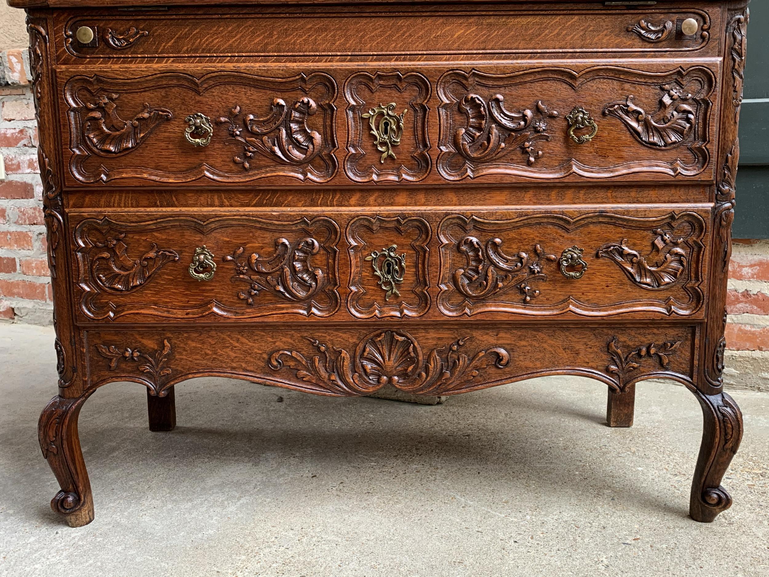 Brass Antique French Carved Tiger Oak Secretary Desk Bureau Drop Front Louis XV Style