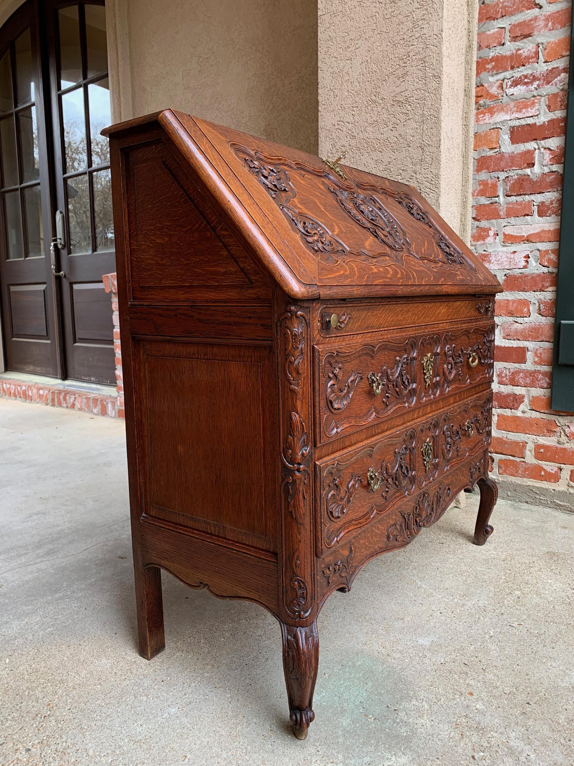 Antique French Carved Tiger Oak Secretary Desk Bureau Drop Front Louis XV Style 3