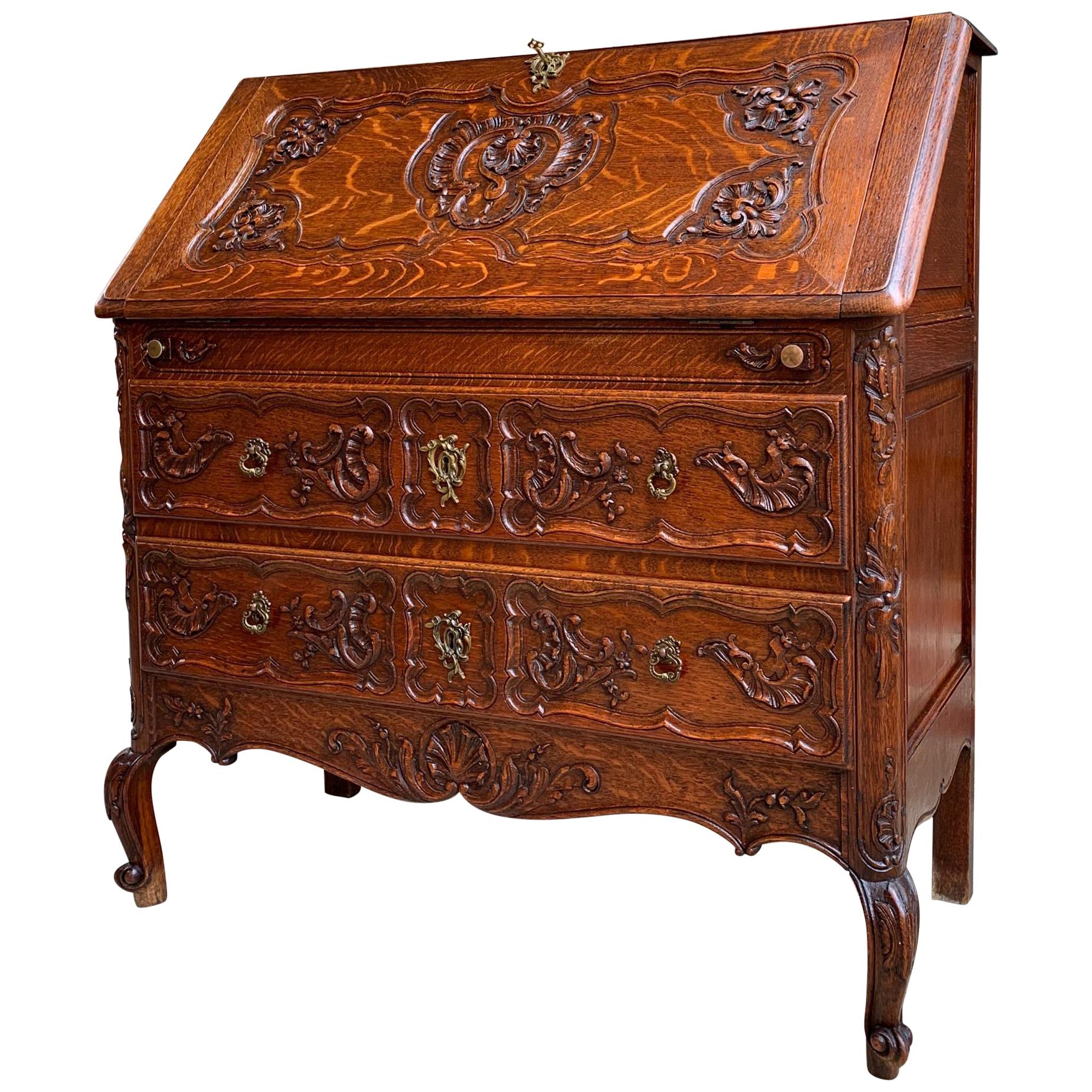 Antique French Carved Tiger Oak Secretary Desk Bureau Drop Front Louis XV Style