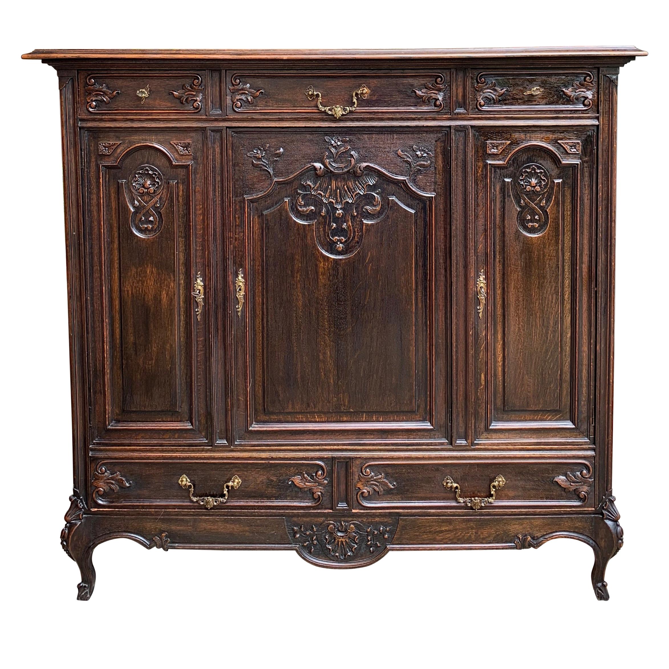 Antique French Carved Dark Oak Sideboard Dresser Cabinet Louis XV Style 'B'