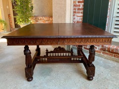 Antique French Carved Dining Table Breton Brittany Draw Leaf Square Dark Oak