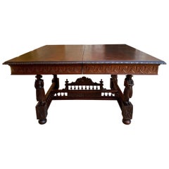 Used French Carved Dining Table Breton Brittany Draw Leaf Square Dark Oak