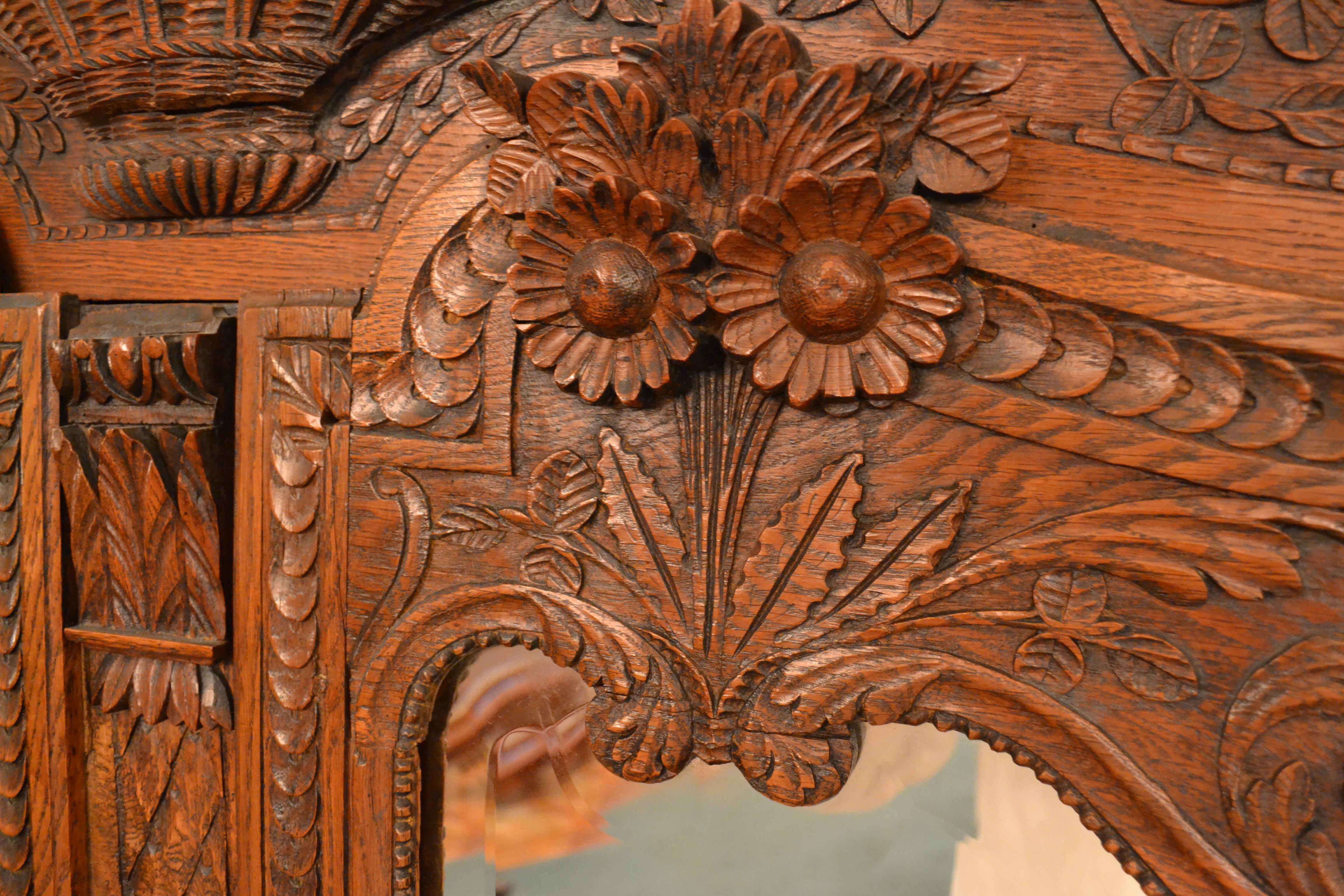 19th Century Antique French Carved Elm Armoire with Beveled MIrror Doors For Sale