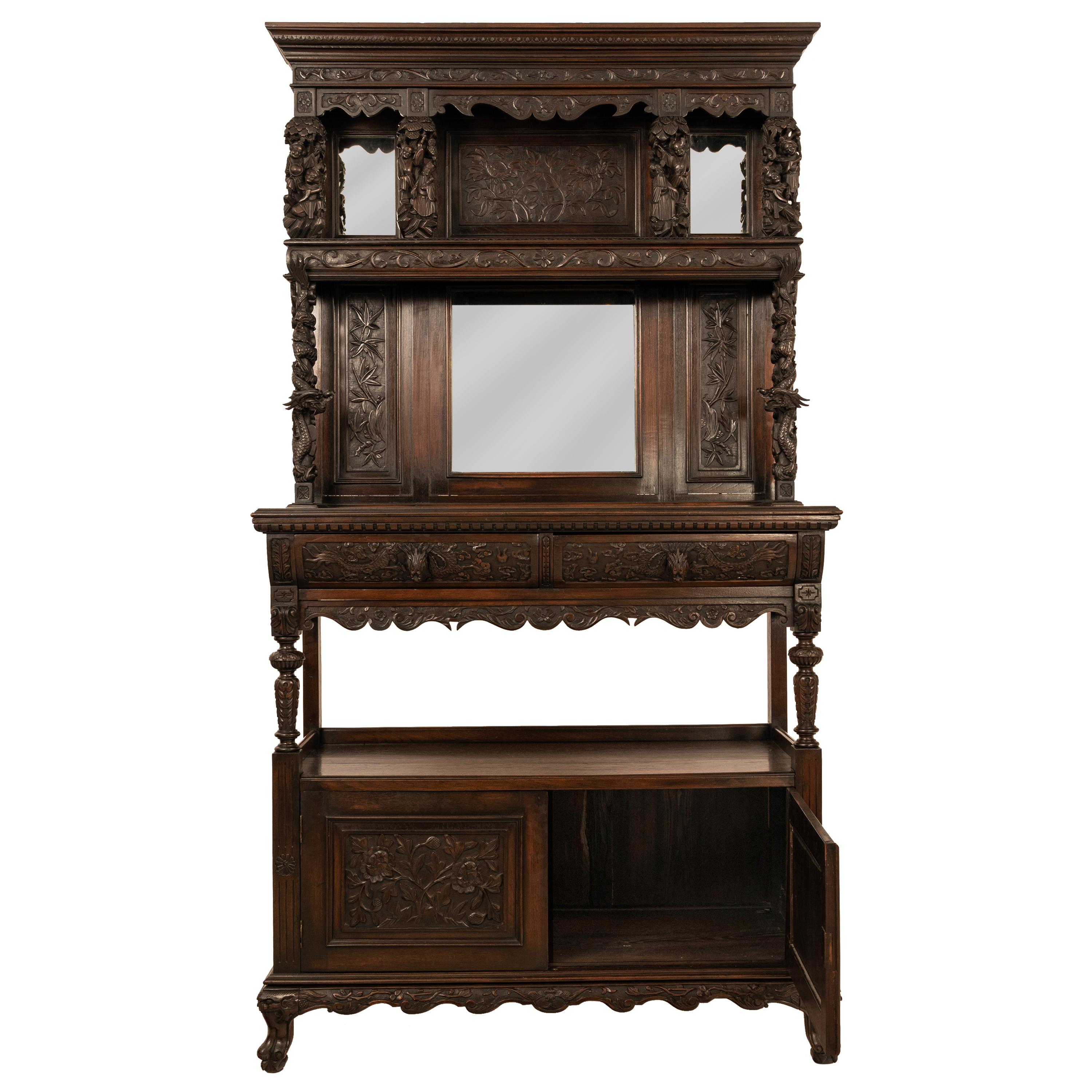 Antique French Carved Etagere Buffet Sideboard Chinoiserie Japanoise Style, 1875 6