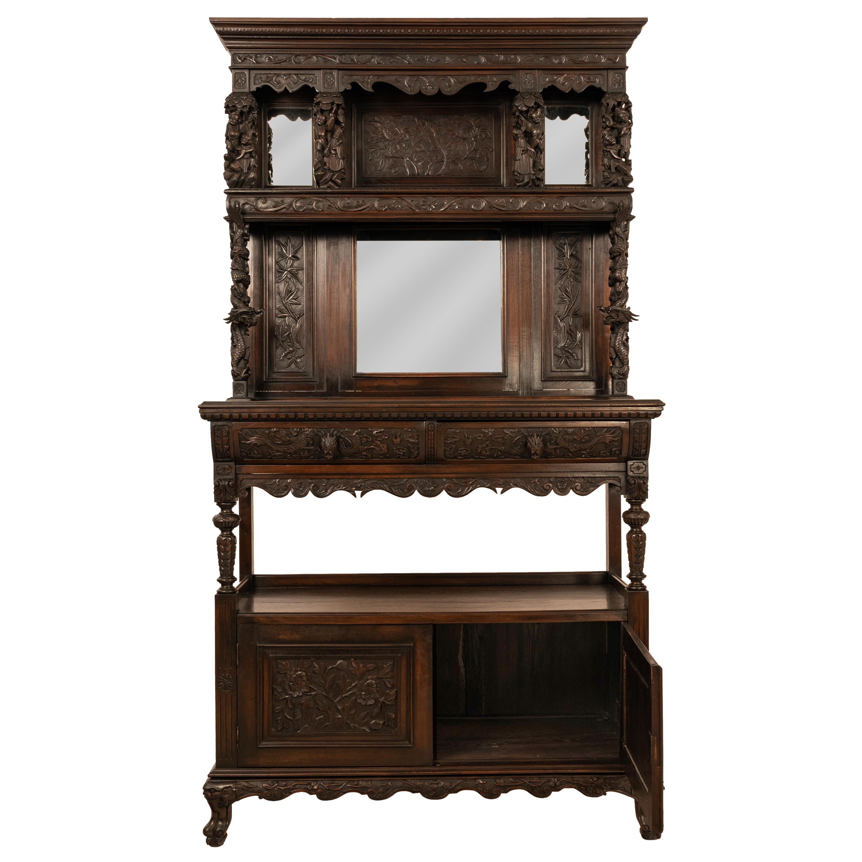 Antique French Carved Etagere Buffet Sideboard Chinoiserie Japanoise Style, 1875 For Sale 6