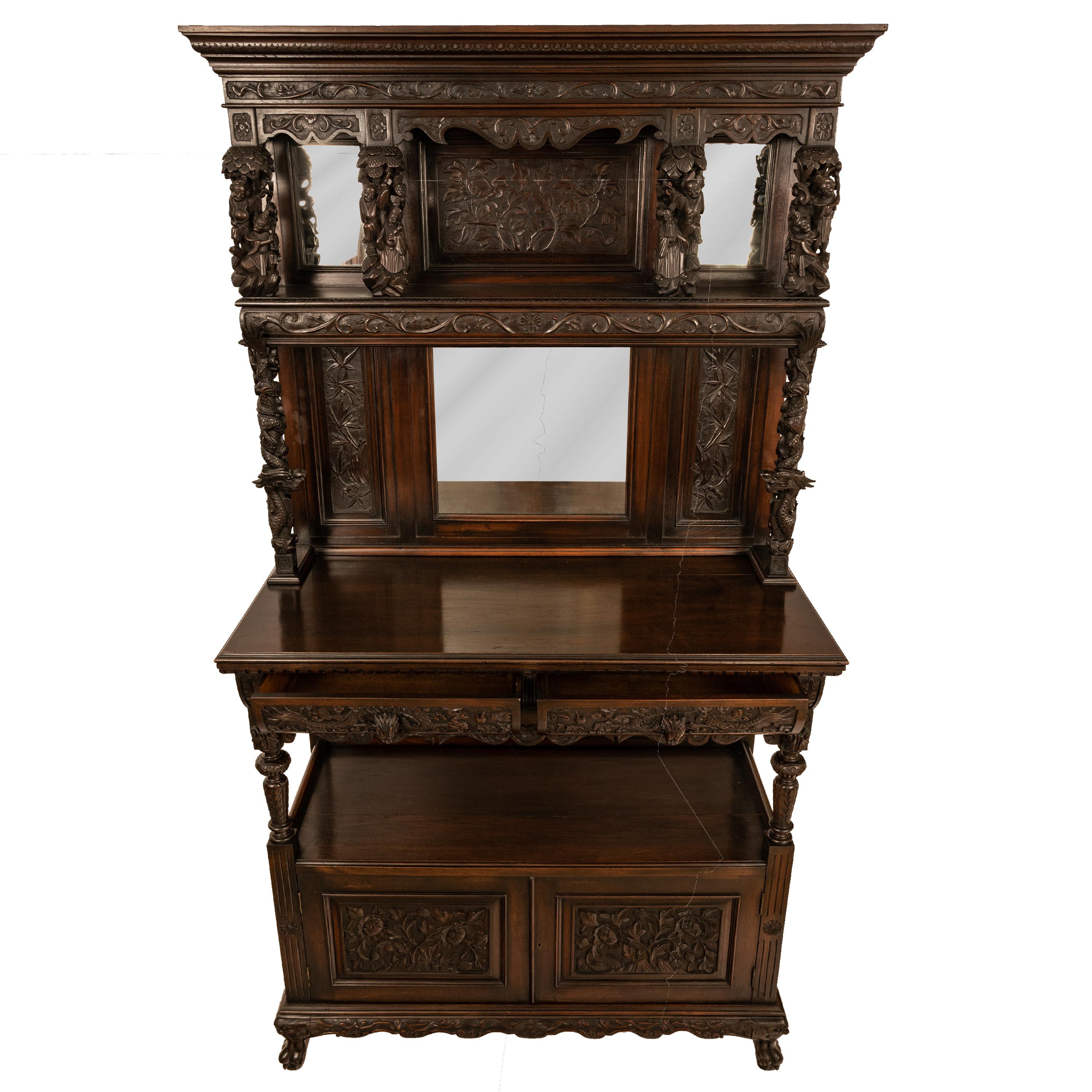 Antique French Carved Etagere Buffet Sideboard Chinoiserie Japanoise Style, 1875 8