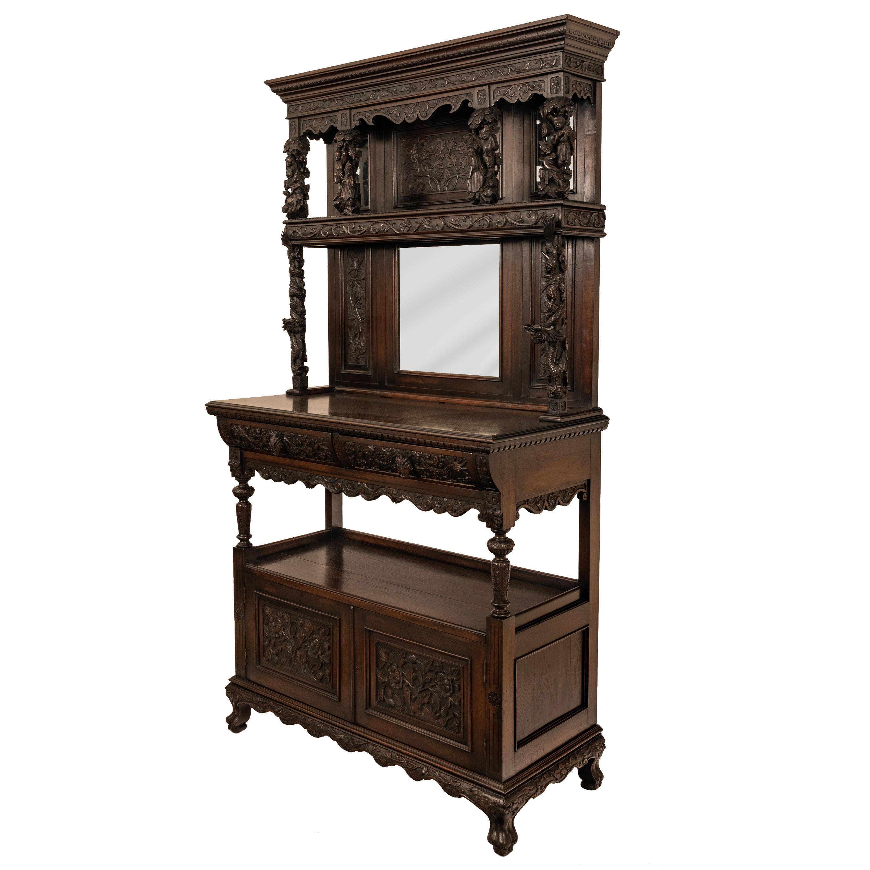 Antique French Carved Etagere Buffet Sideboard Chinoiserie Japanoise Style, 1875 In Good Condition For Sale In Portland, OR