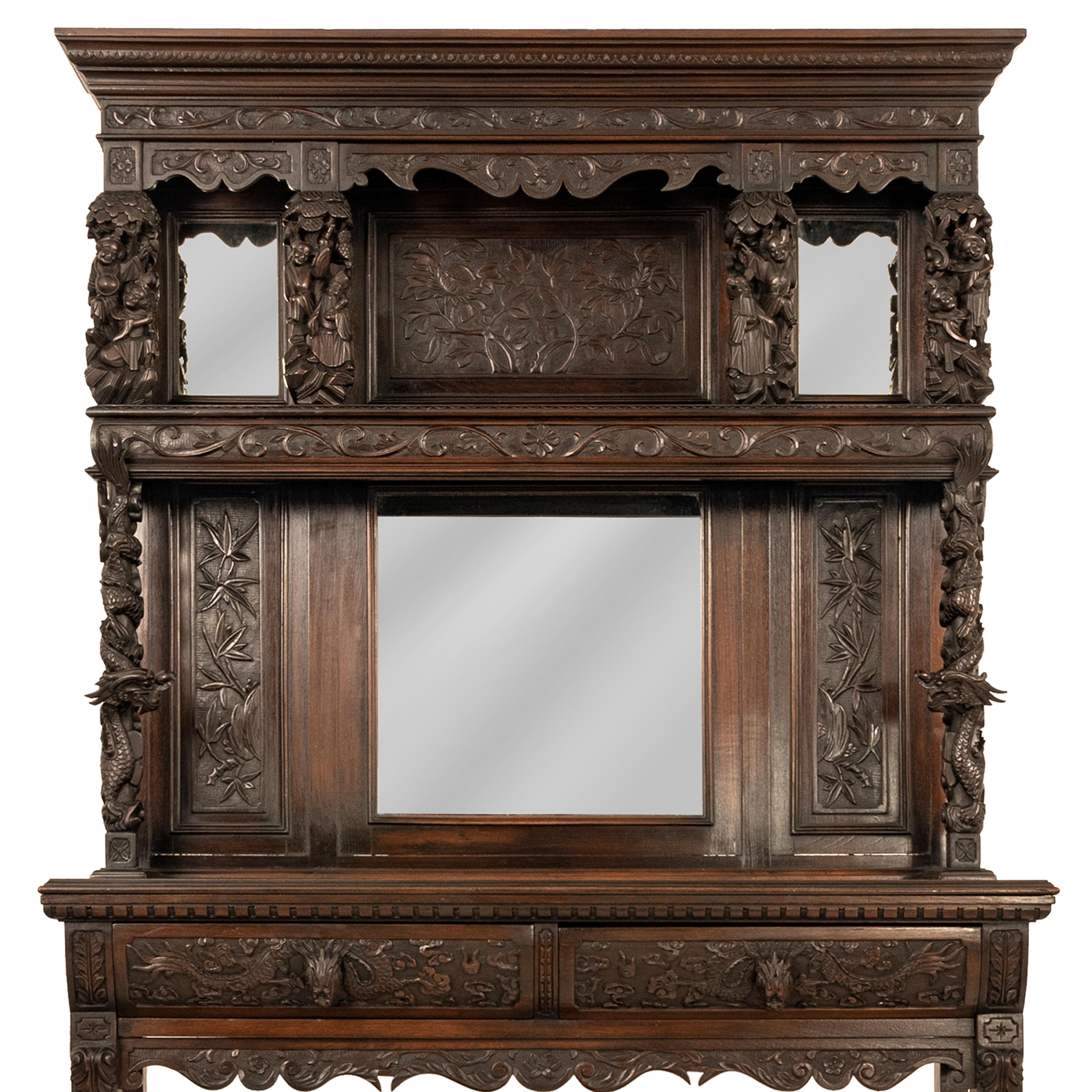 Late 19th Century Antique French Carved Etagere Buffet Sideboard Chinoiserie Japanoise Style, 1875