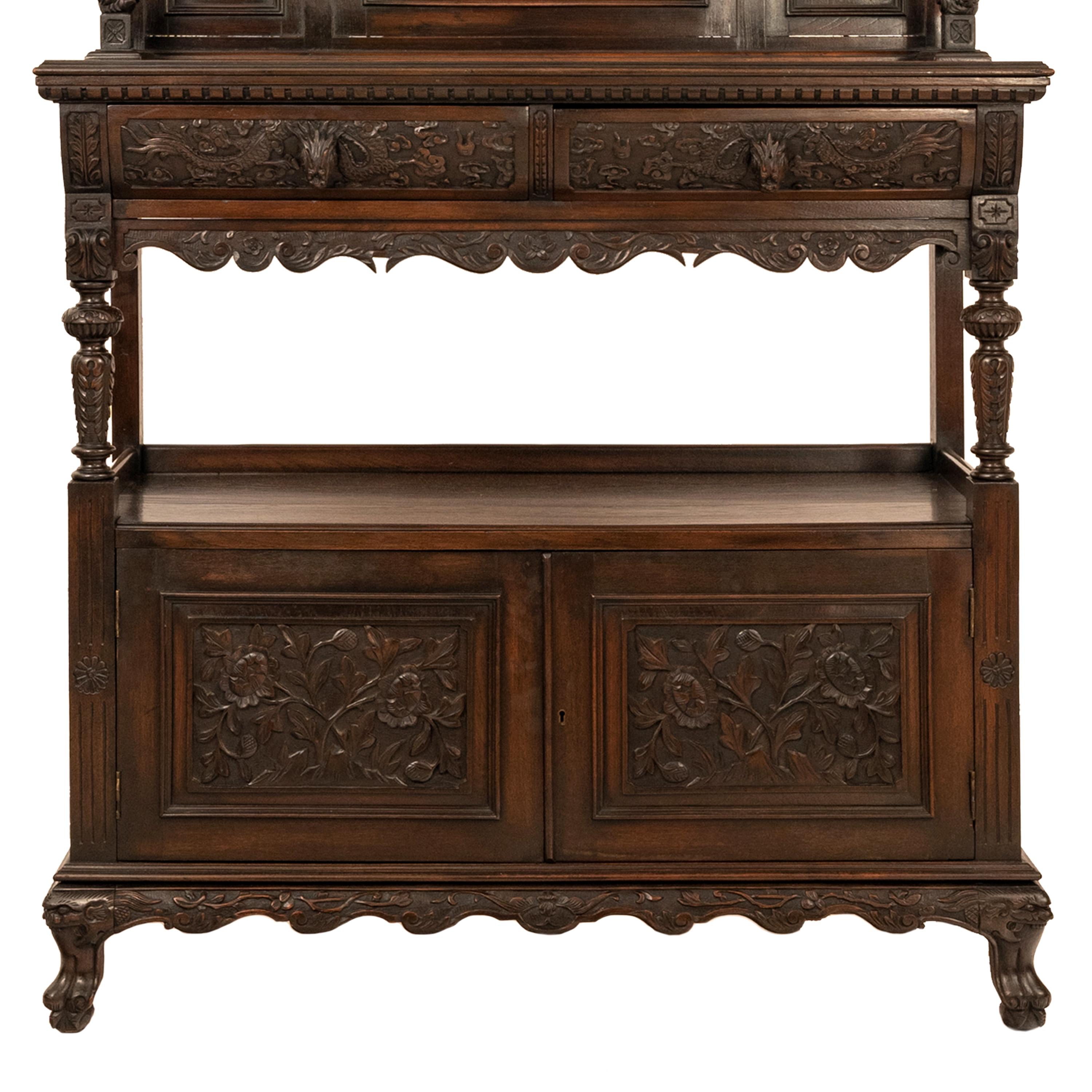 Mahogany Antique French Carved Etagere Buffet Sideboard Chinoiserie Japanoise Style, 1875