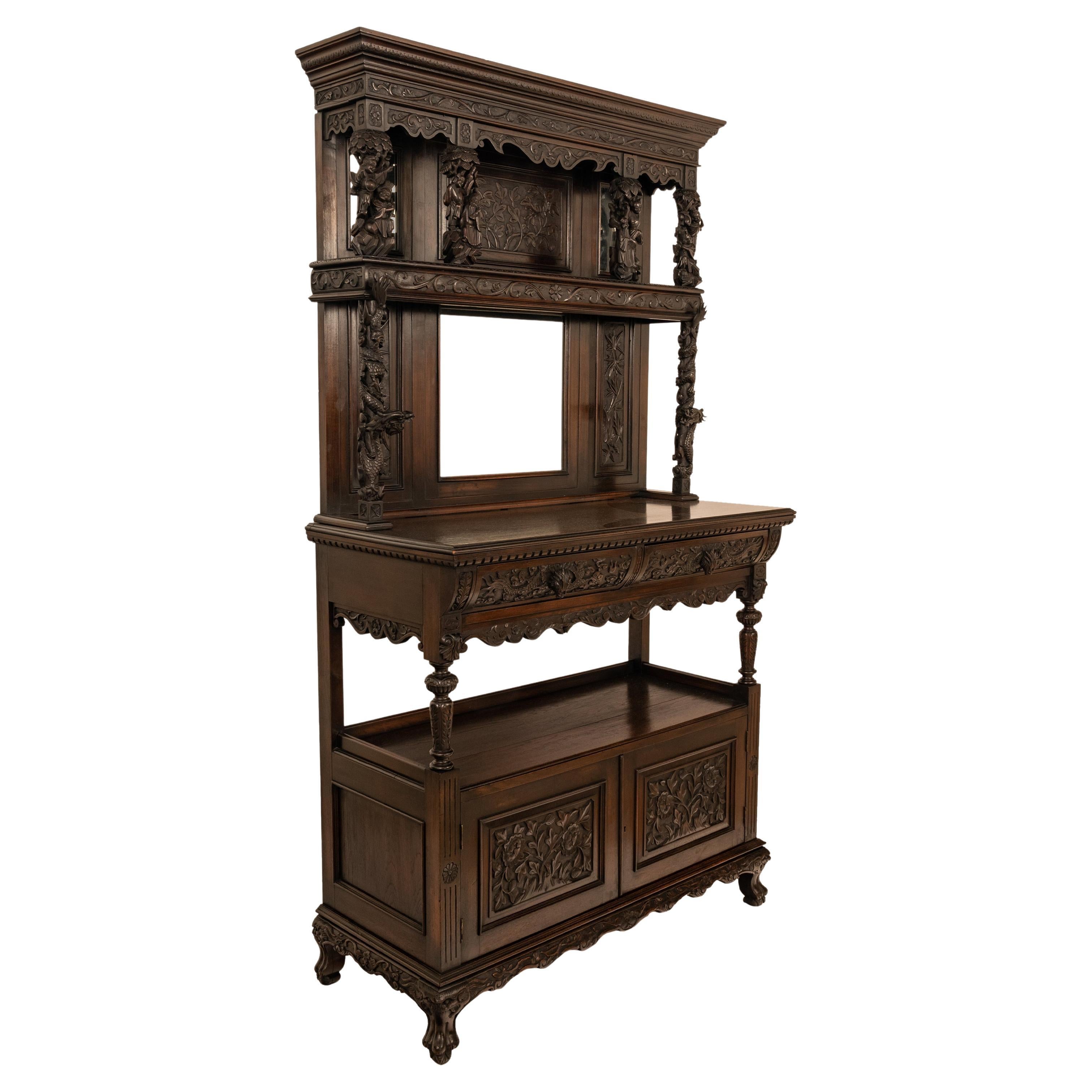 Antique French Carved Etagere Buffet Sideboard Chinoiserie Japanoise Style, 1875 For Sale