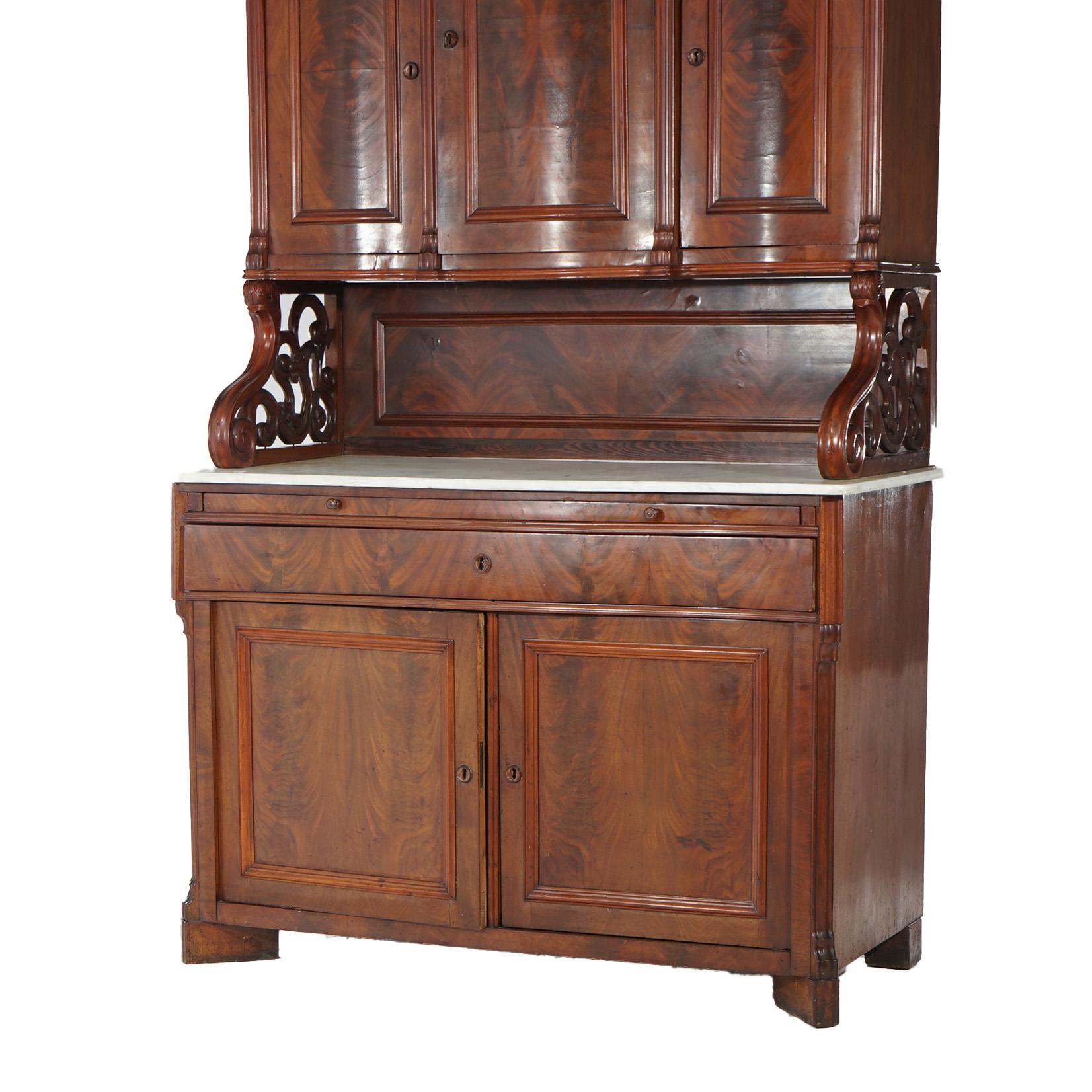 Antique French Carved Flame Mahogany Marble Top Buffet Sideboard 19th C In Good Condition For Sale In Big Flats, NY