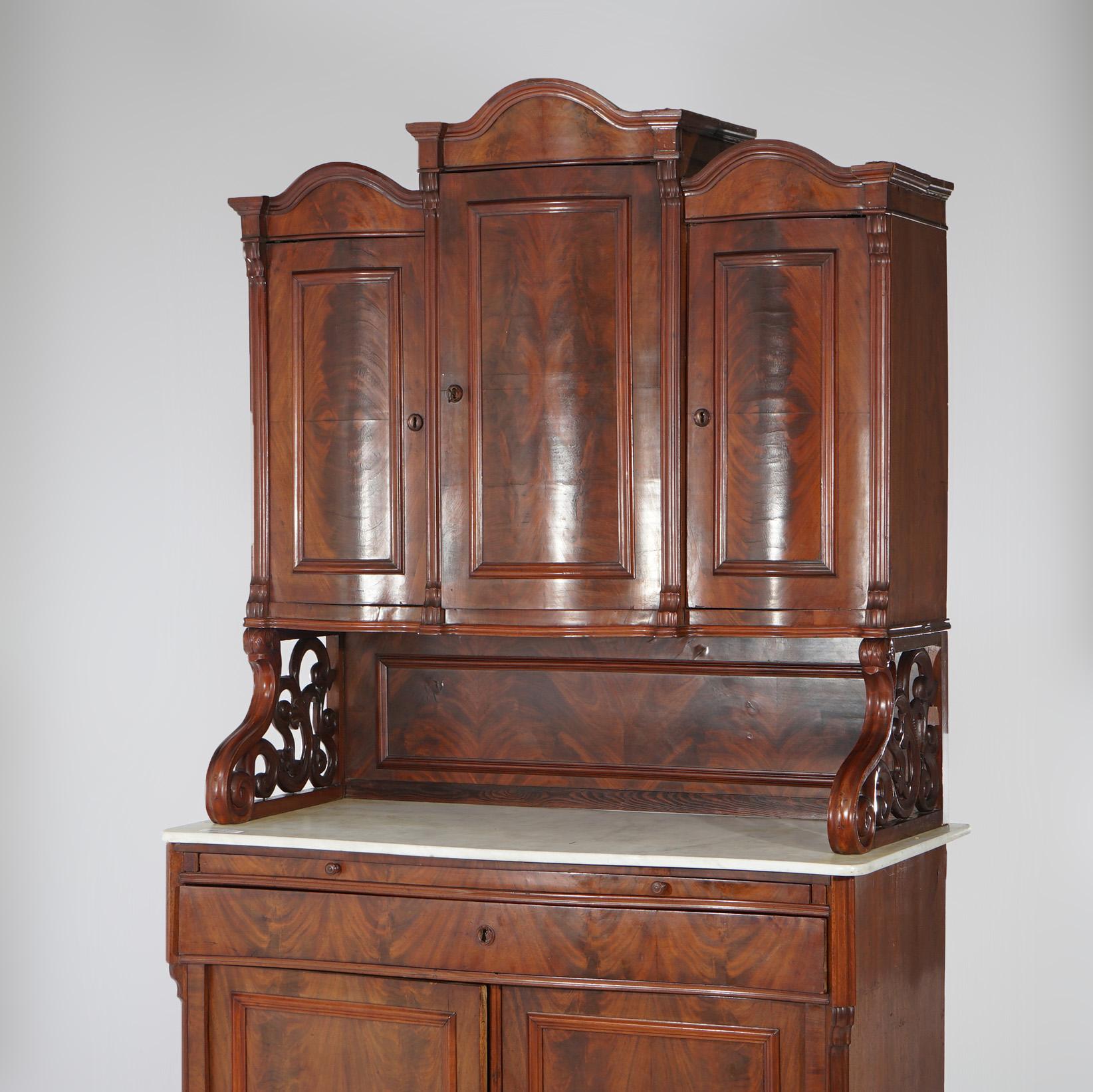 19th Century Antique French Carved Flame Mahogany Marble Top Buffet Sideboard 19th C For Sale