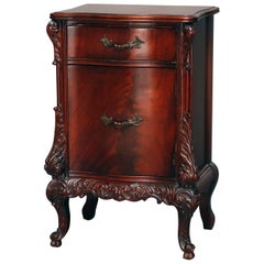 Antique French Carved Flame Mahogany Serpentine Nightstand, circa 1930