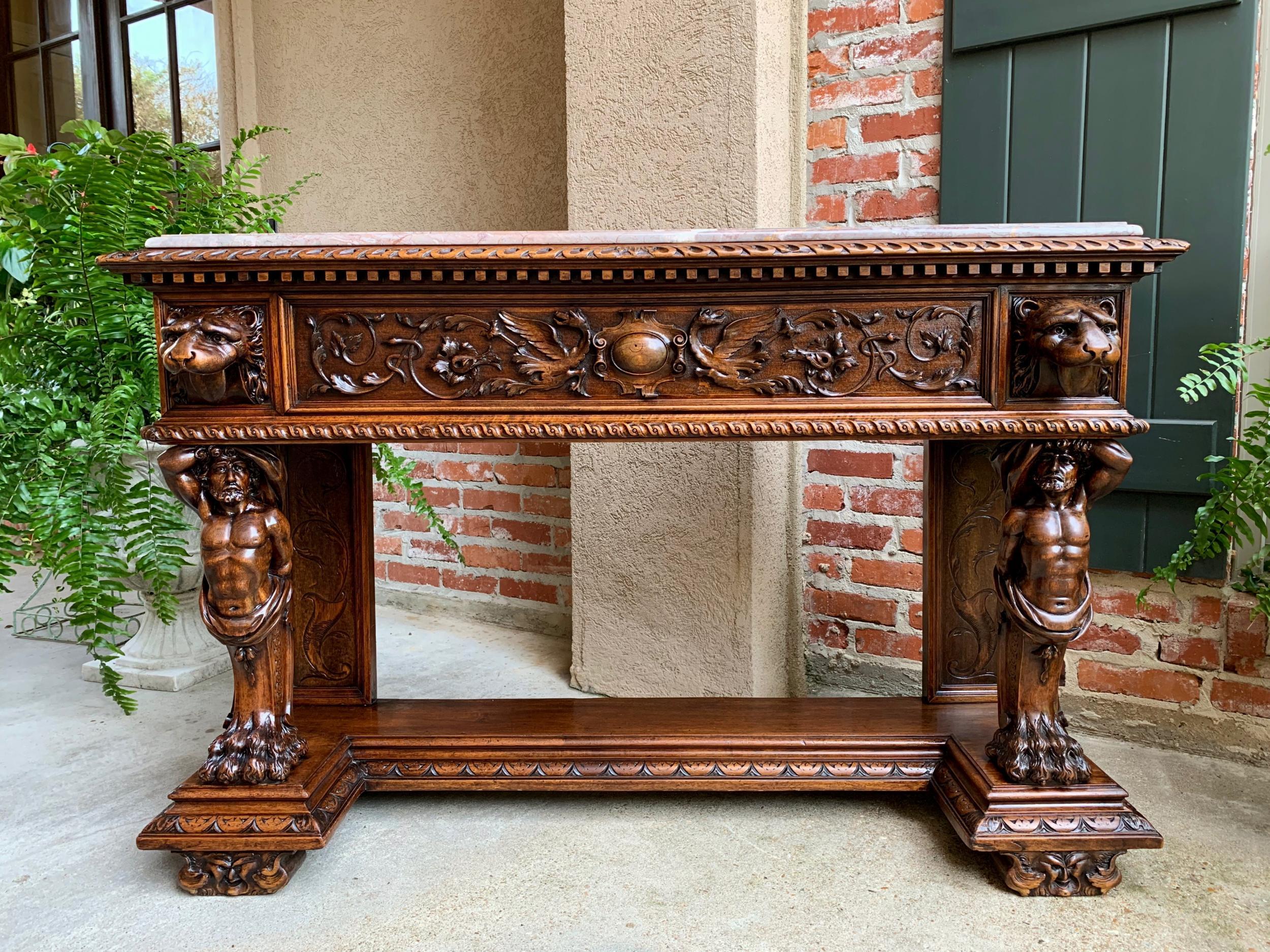 Antique French Carved Foyer Sofa Table Renaissance Marble Planter Hercules Lion 9
