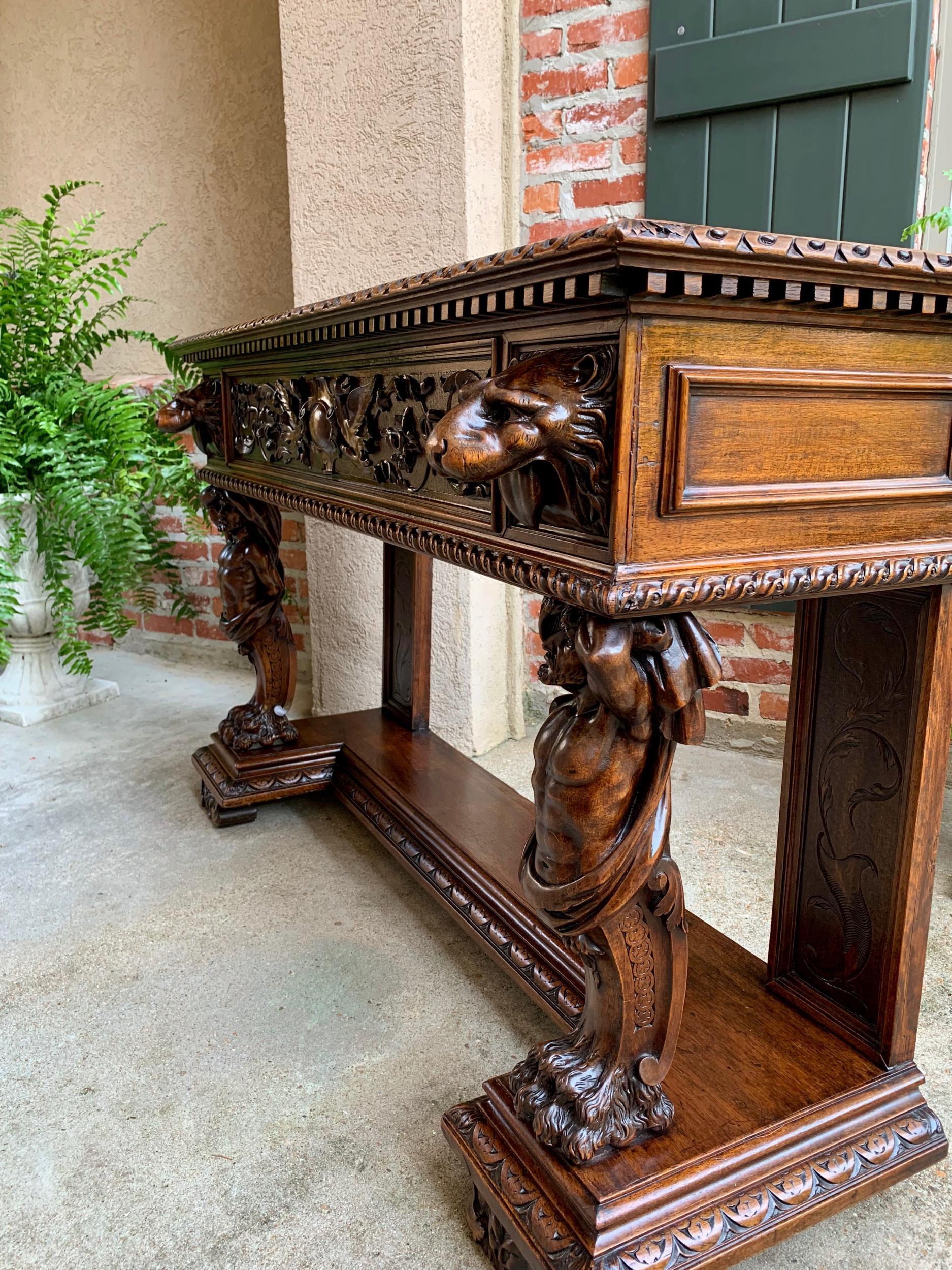 Antique French Carved Foyer Sofa Table Renaissance Marble Planter Hercules Lion 10