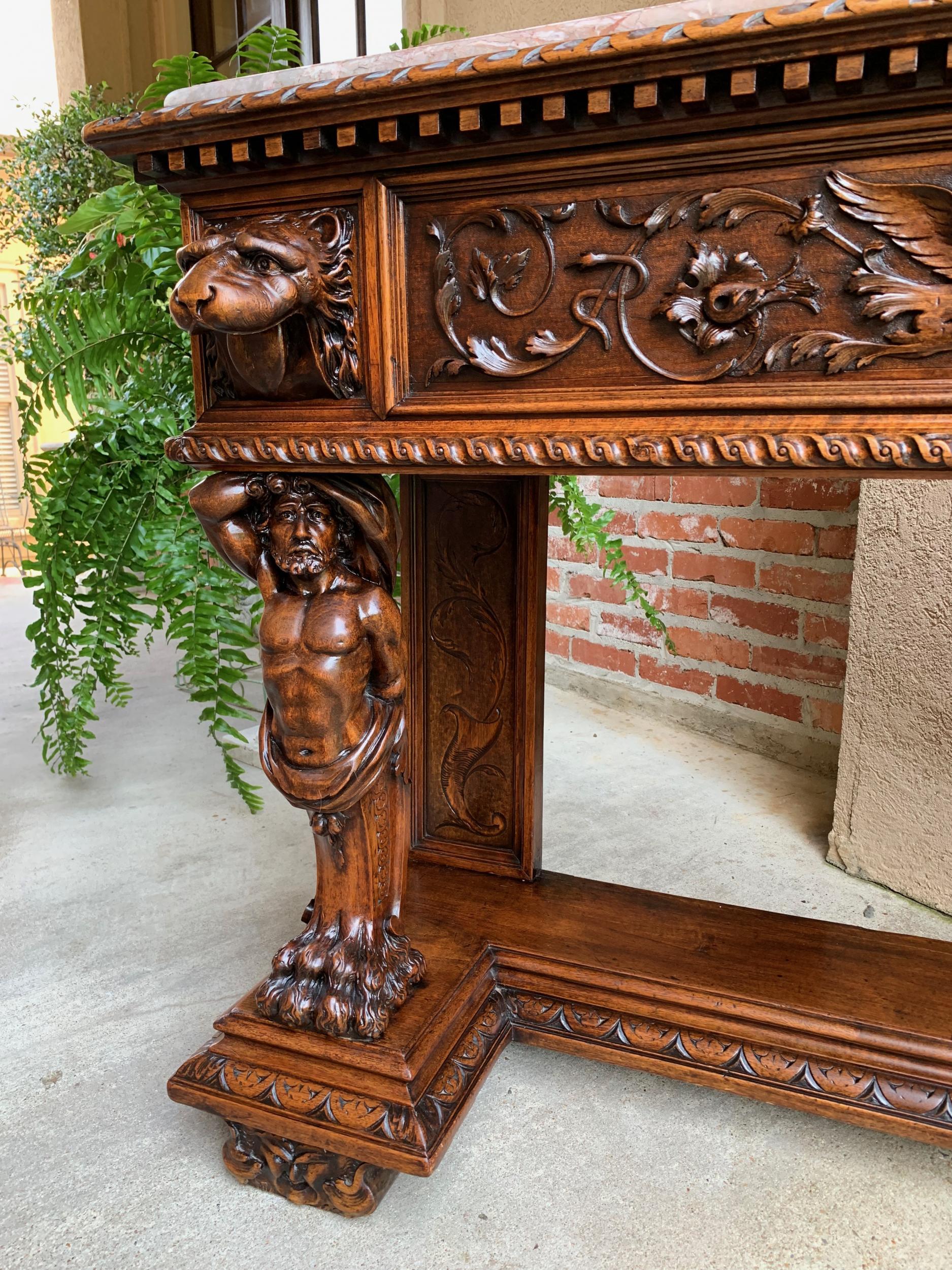 19th Century Antique French Carved Foyer Sofa Table Renaissance Marble Planter Hercules Lion