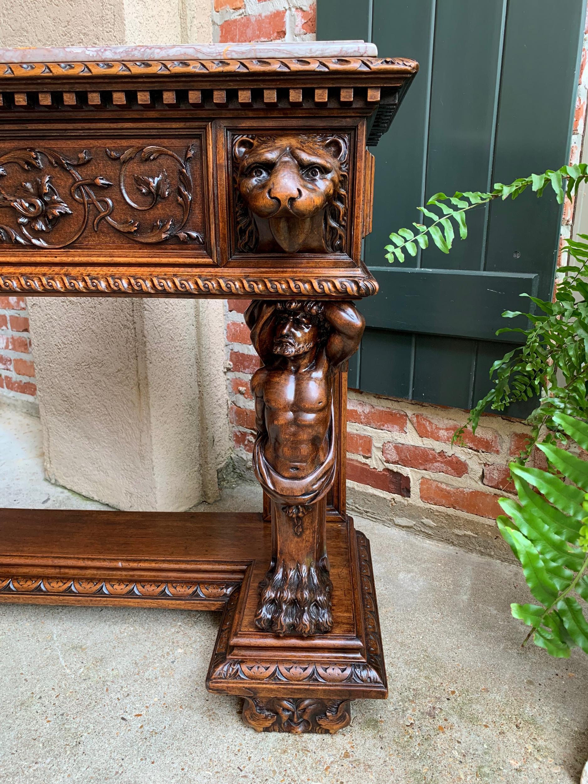 Antique French Carved Foyer Sofa Table Renaissance Marble Planter Hercules Lion 1