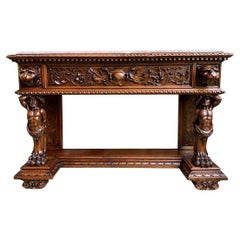 Antique French Carved Foyer Sofa Table Renaissance Marble Planter Hercules Lion