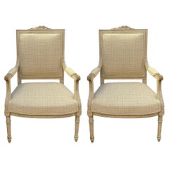 Antique French Carved Fruitwood Louis XVI Style Bergere In Neutral Linen - Pair
