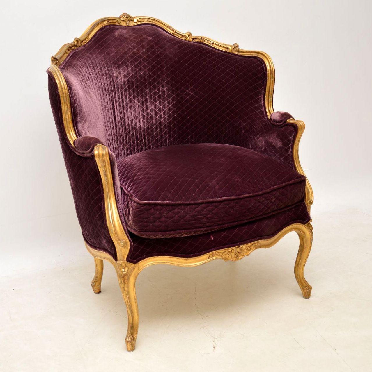 Louis XV Antique French Carved Giltwood Armchair and Stool Set