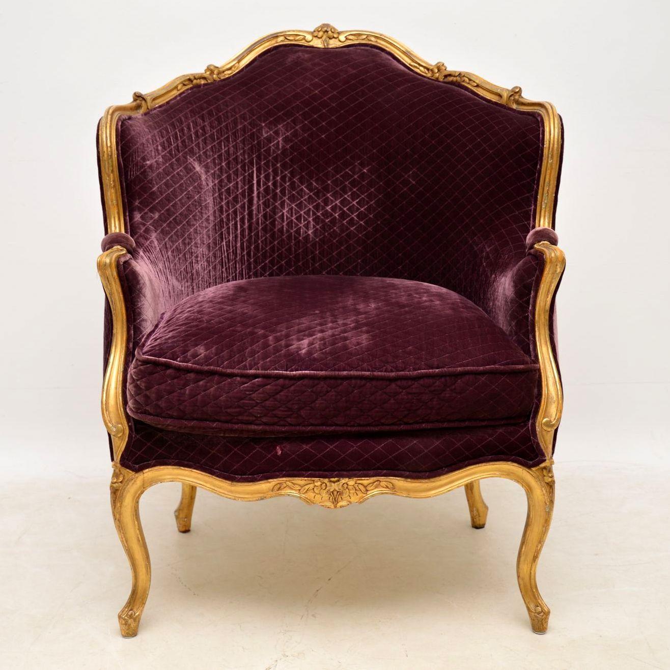 Antique French Carved Giltwood Armchair and Stool Set In Good Condition In London, GB