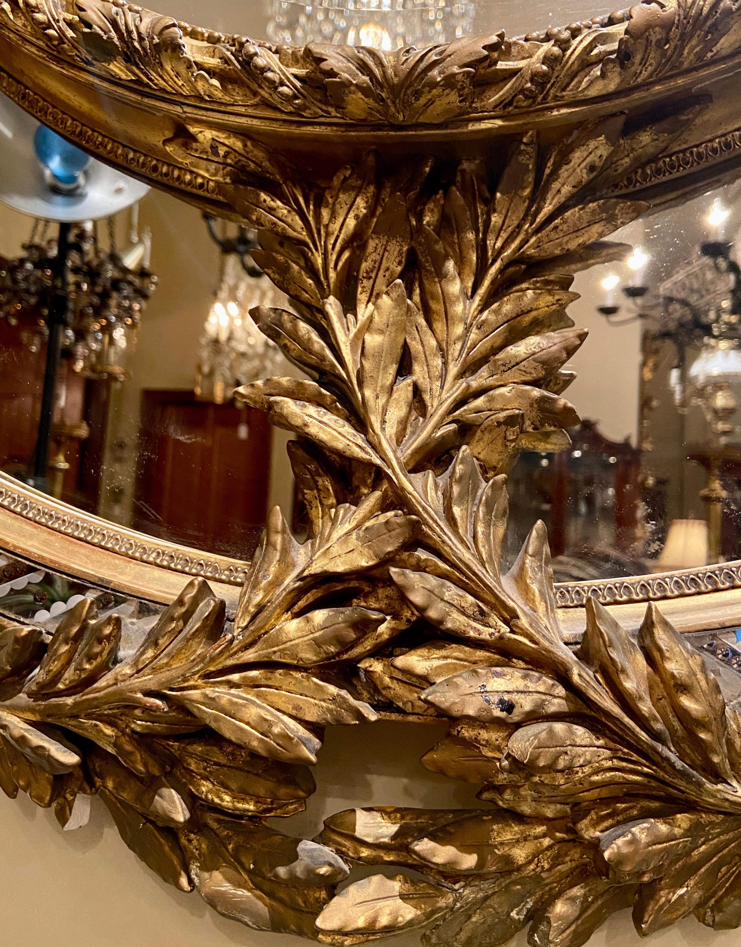 19th Century Antique French Carved Gold Leaf Beveled Mirror with Etching, Circa 1890