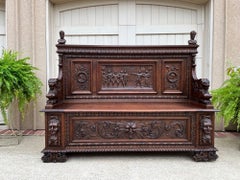 Antique French Carved Hall Bench Settle Renaissance Knights Brittany Pew Chest