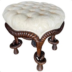 Antique French Carved Knotted Rope Wood Tabouret Ottoman after Fournier