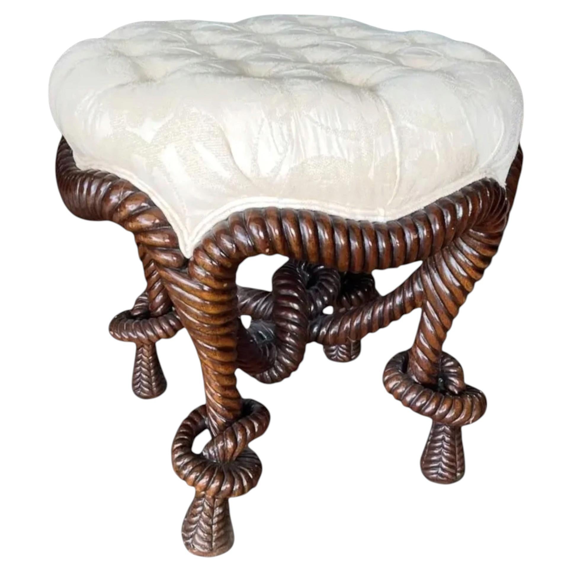 Antiguo Otomano Francés Tallado Tabouret de Madera de Cuerda Anudada según Fournier