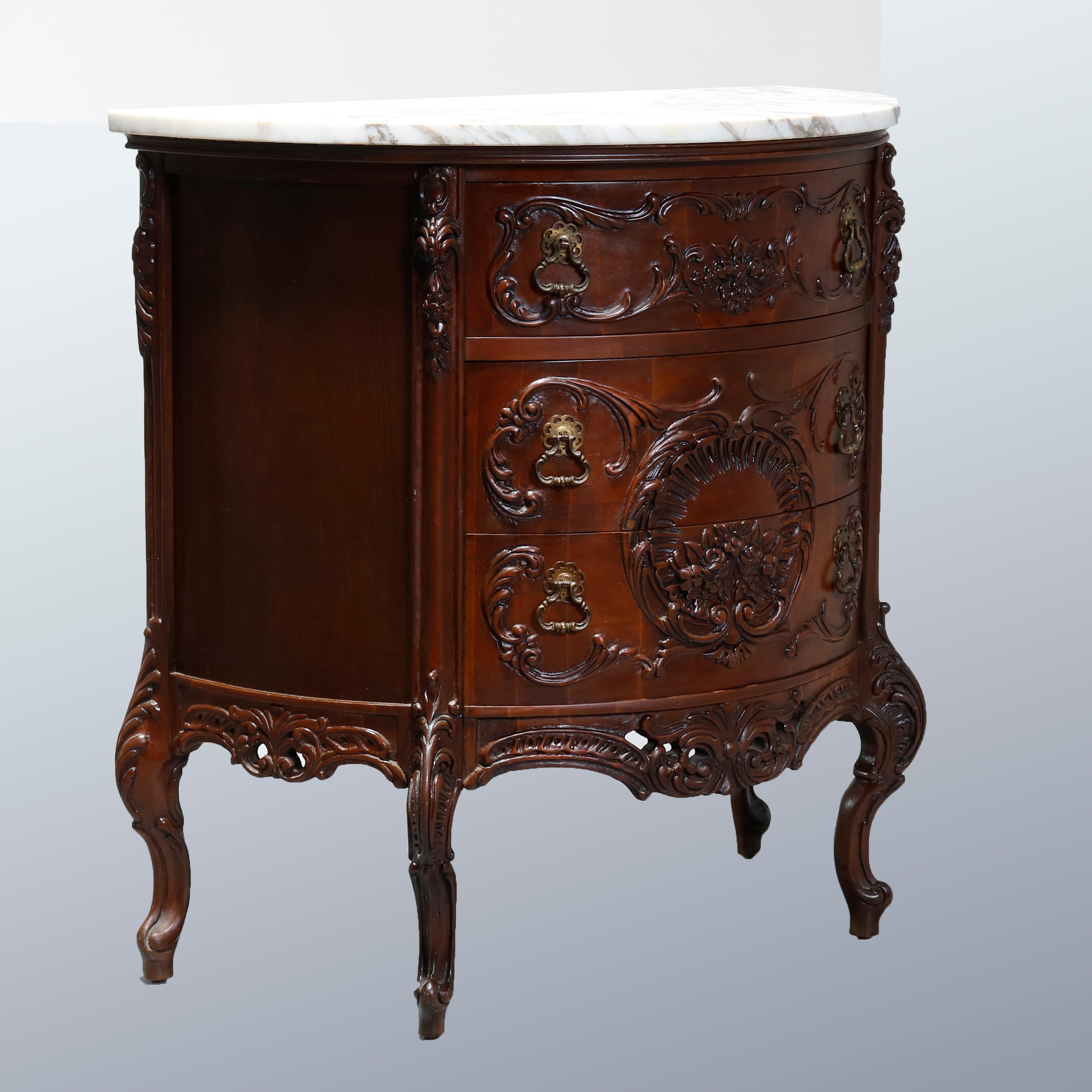 Antique French Carved Mahogany Marble Top Demilune Commode, 20th Century 7